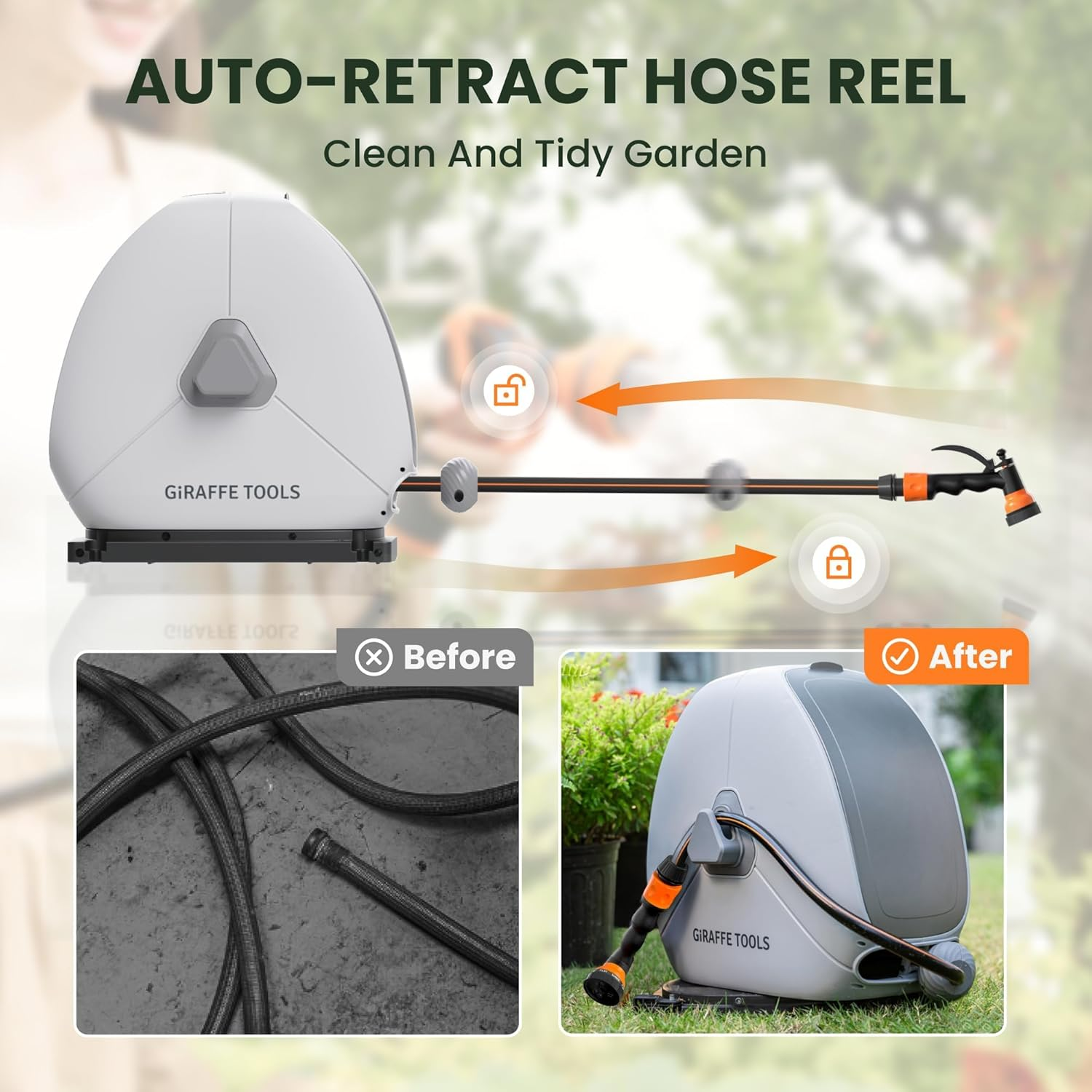 Giraffe Tools Retractable Hose Reel with 25M, Heavy Duty Ground Mount Garden Hose Reel, with 9-Function Sprayer Nozzle & Flexible Swivel Base image number 3