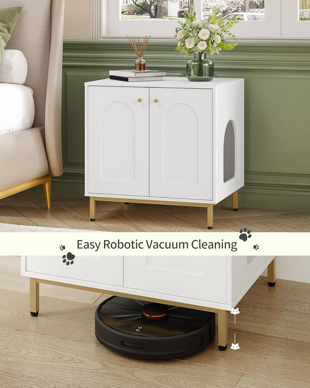 Hzuaneri Cat Litter Box Enclosure, Hidden Litter Box Furniture, Wooden Pet House Side End Table, Storage Cabinet Bench, Fit Most Cat and Litter Box, Living Room, Bedroom, White and Gold CB81203G image number 6