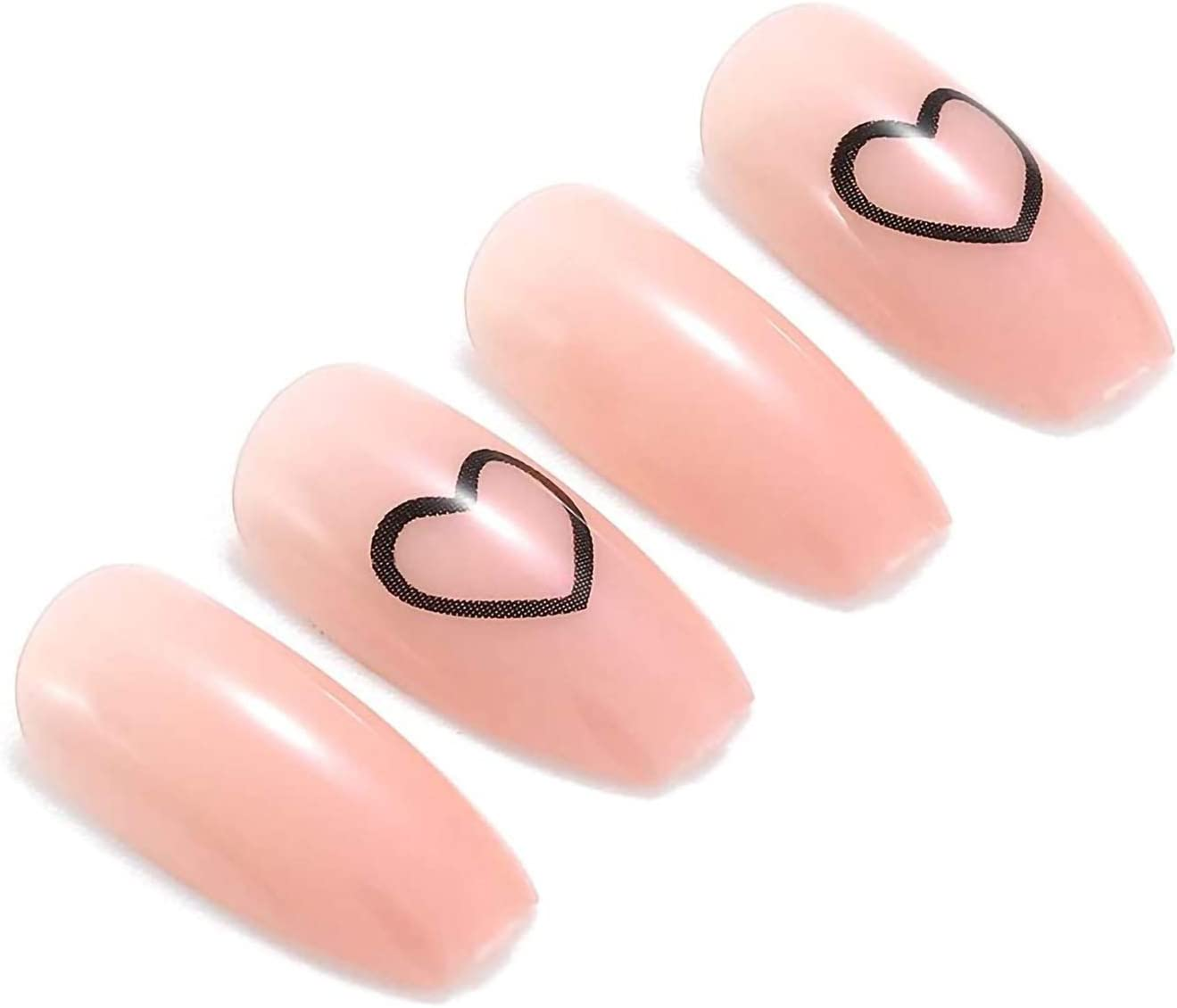 Nude Pink Heart Press on Nails 24PCS Glossy Full Cover Medium Coffin Artificial Fake Nail Love Style Design Nails for Women and Girls Party Salon image number 4