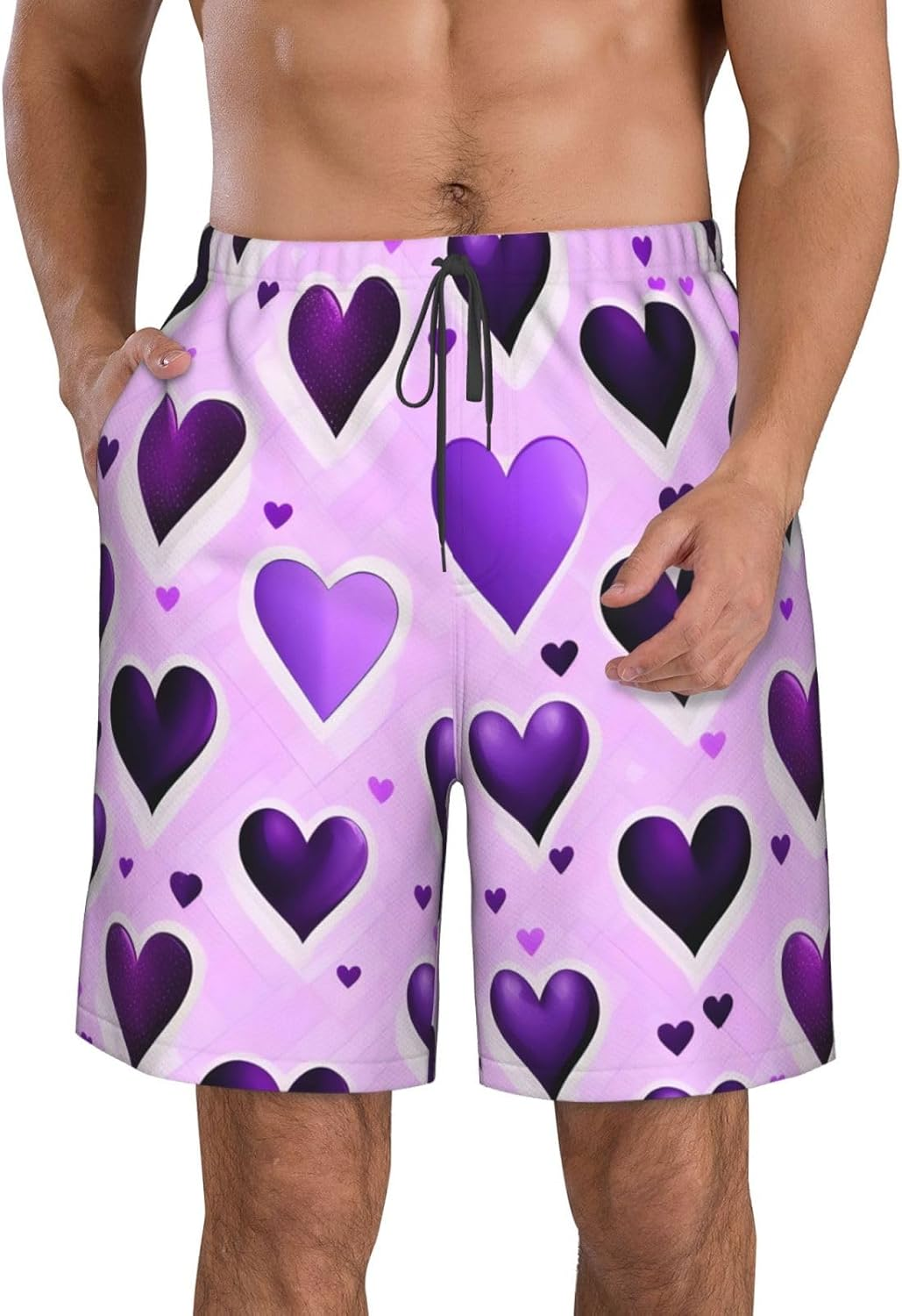 Fashional Purple Hearts Print Mens Swim Trunks Quick Dry Bathing Suits Summer Holiday Beach Board Shorts Pockets image number 5