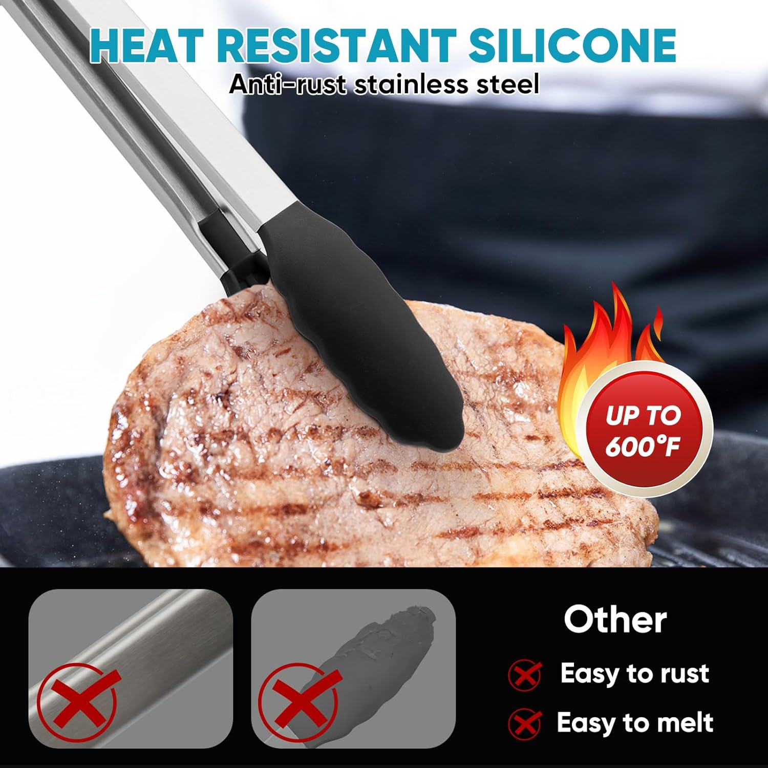 3 Pack Silicone Tongs for Cooking,Maywe Tanso 9 Inch Cooking Kitchen Tongs with Silicone Tips,Nonstick Stainless Steel Tongs for Steak Pie Pizza Pasta Spaghetti Salad BBQ Buffet image number 2