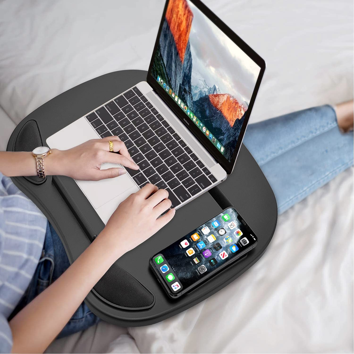 Boperzi Lap Desk with Cushion - Home Office Lap Stand for Bed, Portable Laptop Desk with Anti-Slip Strip, Bed Table Tray for Notebook, Fits up to 14 Inch Tablet - Black image number 6