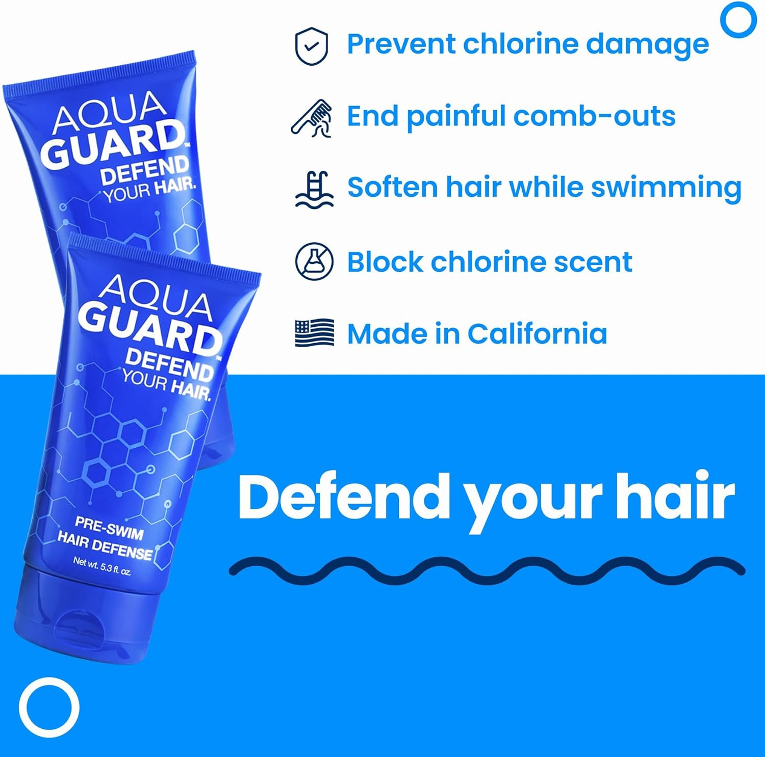 AQUA GUARD Pre-Swim Hair Defense | Prevents Chlorine Damage + Softens Hair | Made in California | Color Safe, Great Scent | 5.3 Oz (2 Pack)