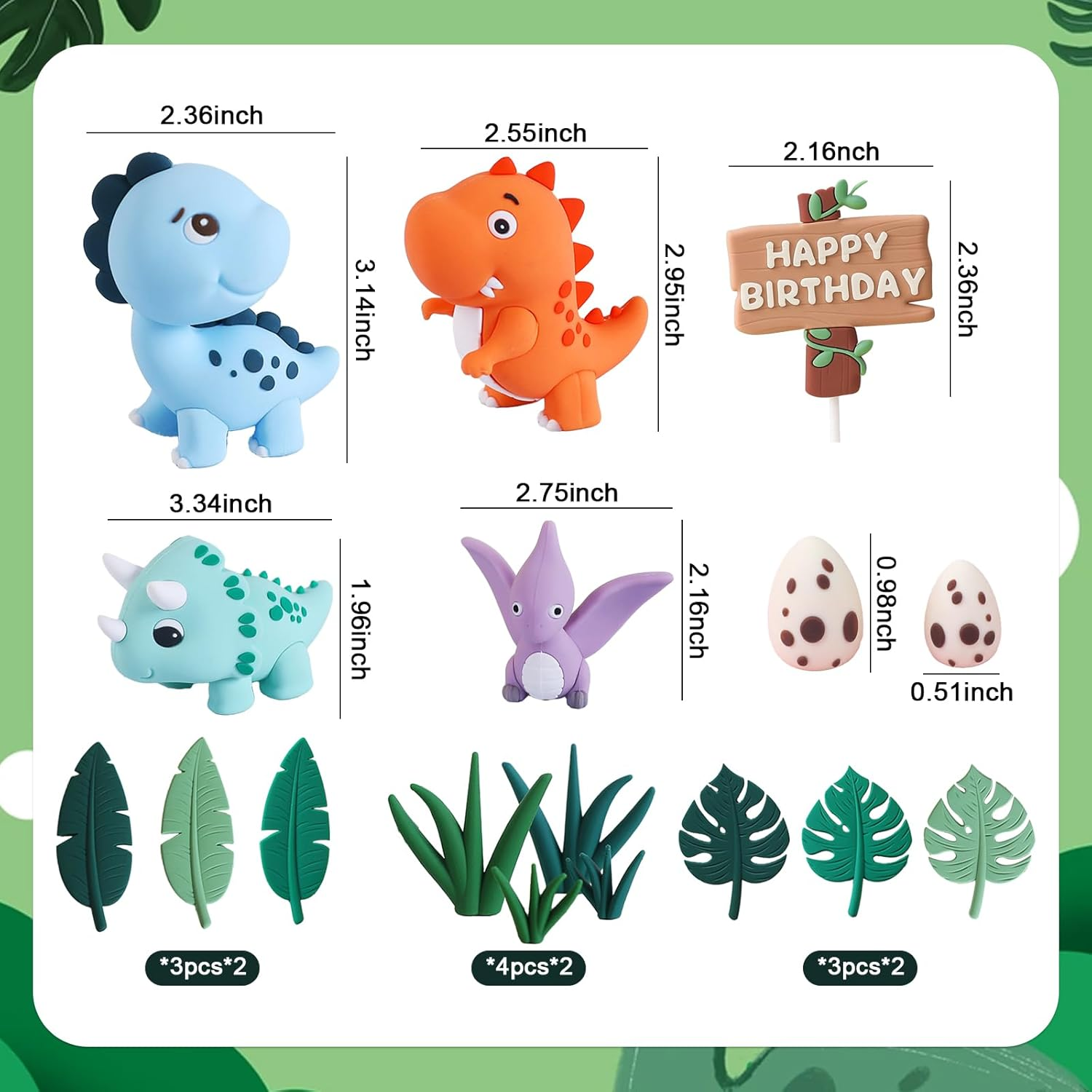 Chris.W 17 PCS Dinosaur Cake Topper Set, Dinosaur Eggs Leaves Grasses Cake Decorations with Happy Birthday Sign Cake Toppers for Birthday Party Decors, Safari Animal Themed Party Supplies image number 3