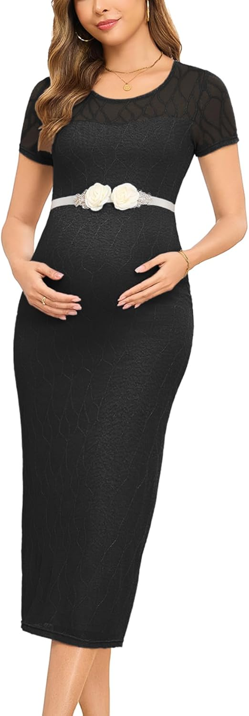 Mesh Maternity Dress Bodycon Ruched Side Midi Pregnancy Dresses Baby Shower Wedding Guest Photoshoot without Belt