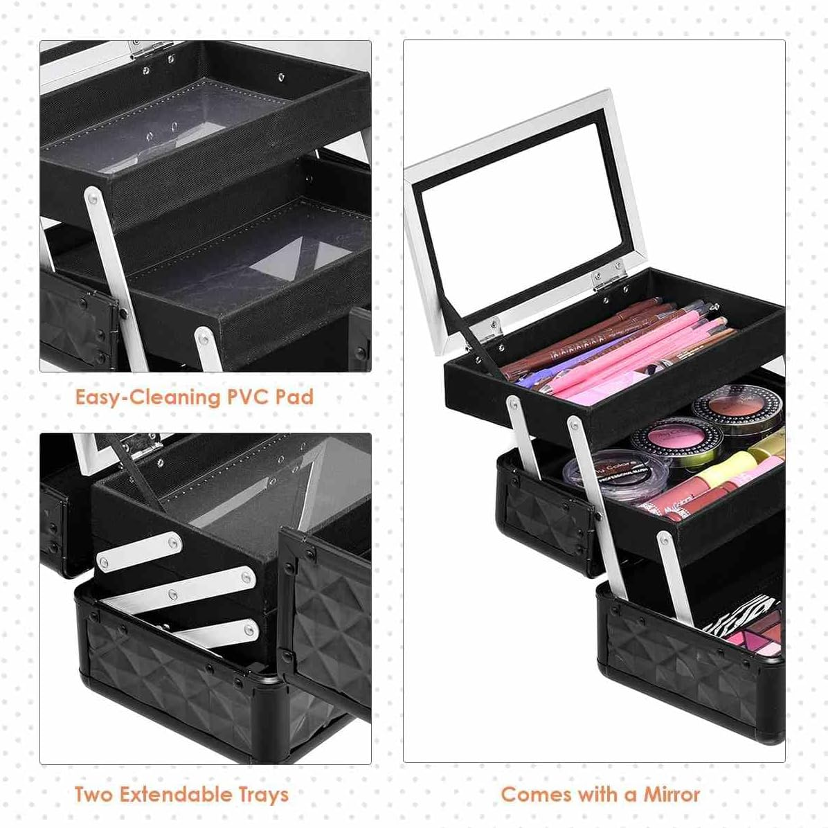 Cosmetic Beauty Case, Portable Lockable Makeup Jewelry Organizer, Travel Makeup Storage Box W/Mirror, Diamond Rose Gold, for Home Travel Gift (Black) image number 6