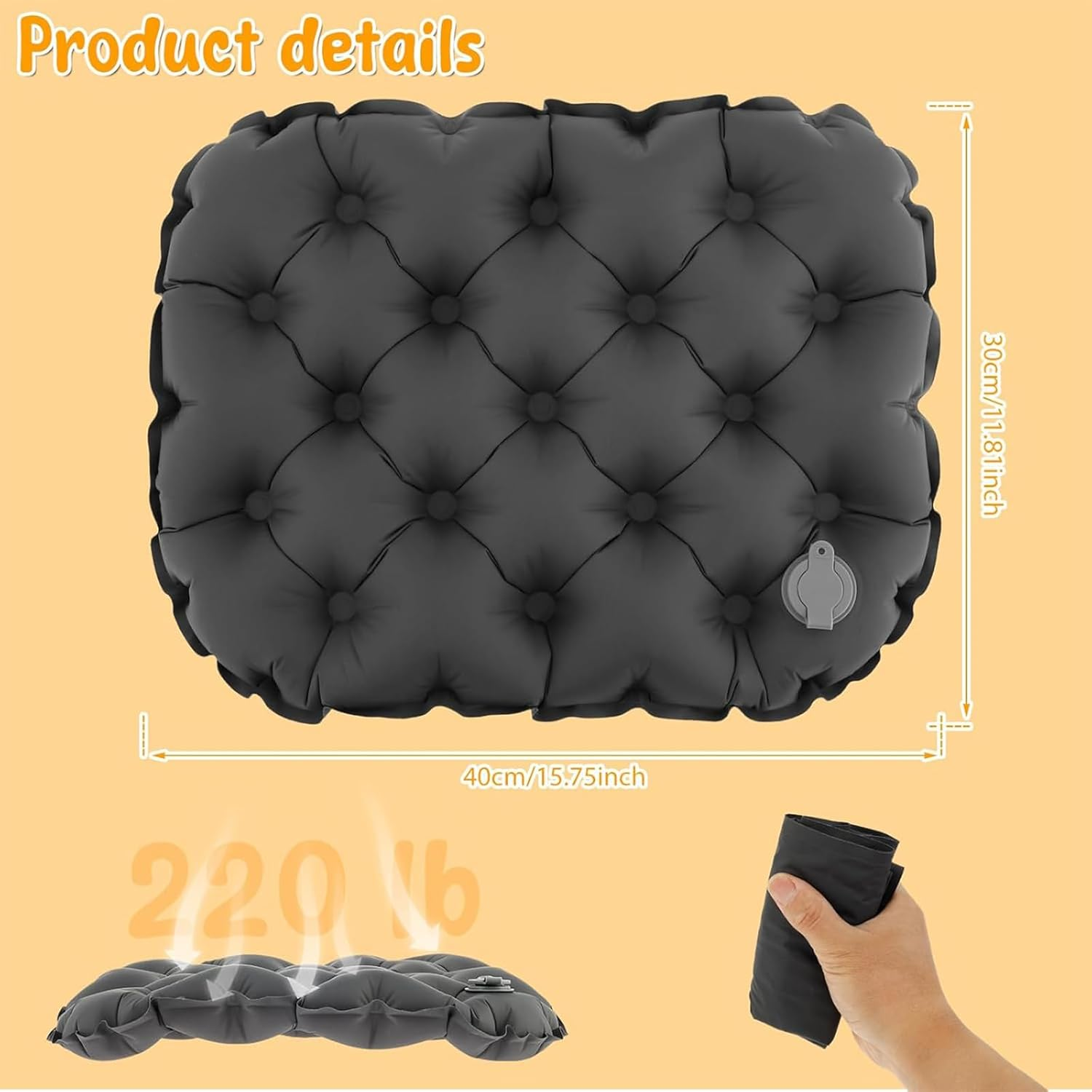 Inflatable Seat Cushion, Lightweight Portable Comfortable Air Pad for Camping, Hiking, Office, Airplane, Car, and Stadium Travel Use (Grey) - Black image number 7