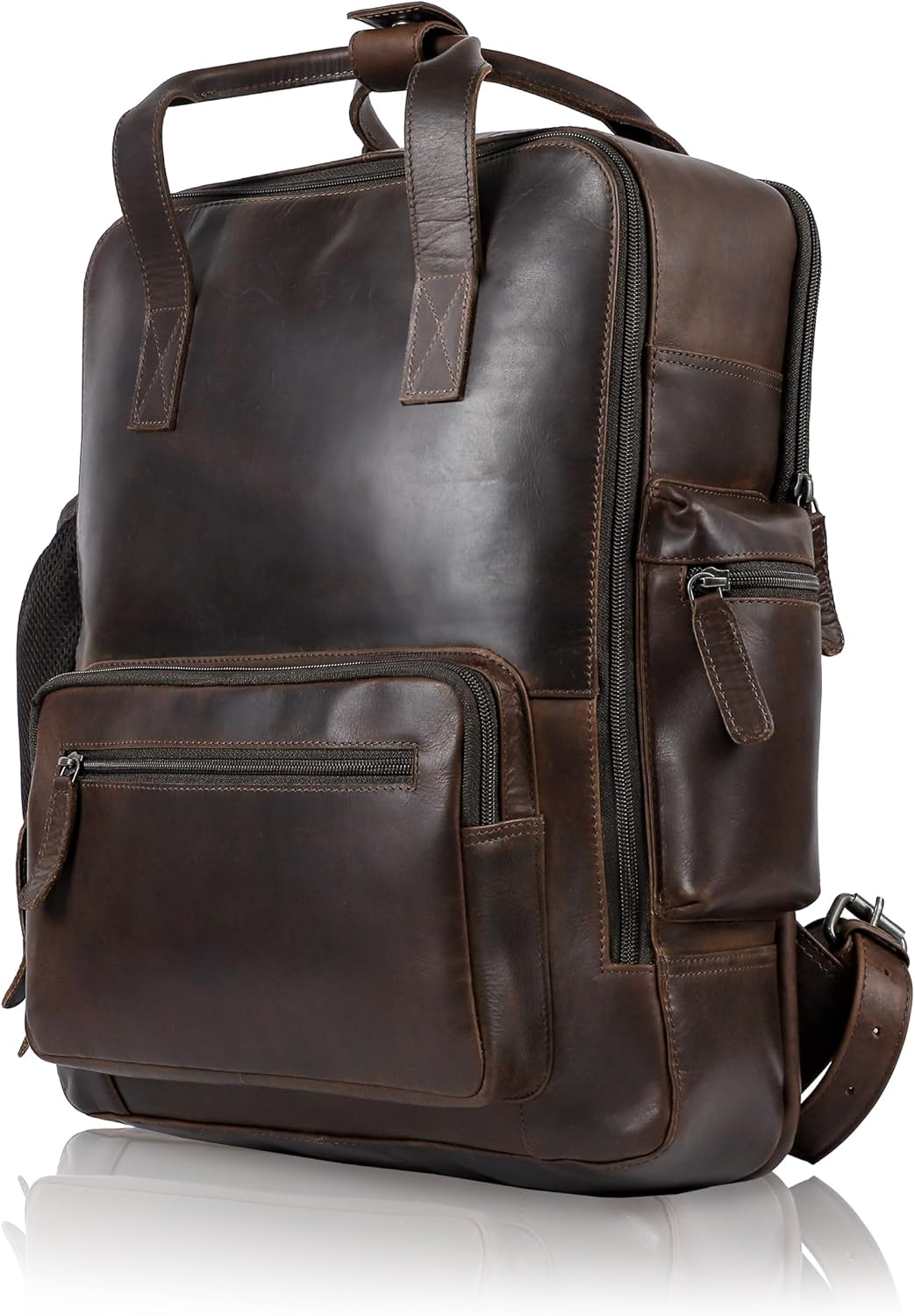 Access Denied Leather Laptop Backpack Outer Pocket Fits 16" Laptop Genuine Leather Backpack for Men image number 4