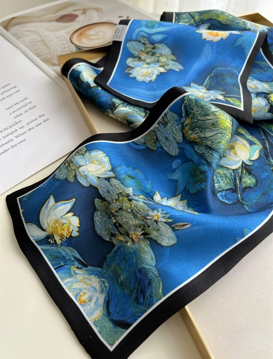 ANDANTINO 100% Silk Scarf for Women 59&rdquo;*6.3&rdquo; Long Shawls for Headscarf and Neck- Oblong Hair Wraps with Gift Packed - Bluewhite Lilies image number 4