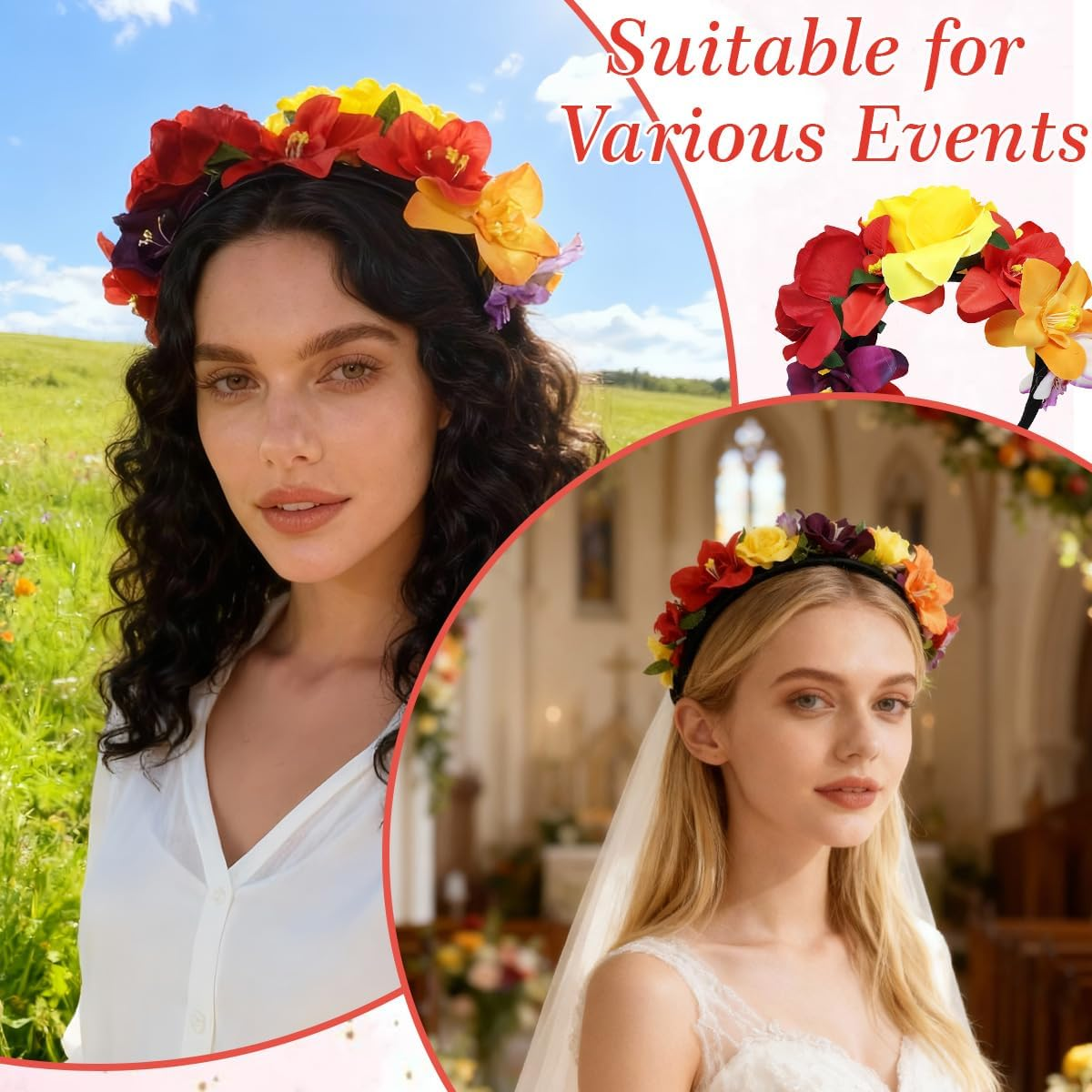 Mexican Flower Crown Headband Halloween Flower Headband Bohemia Floral Hairband Rose Flower Crown Party Costume Day of the Dead Headpiece Cosplay Hair Accessories image number 3