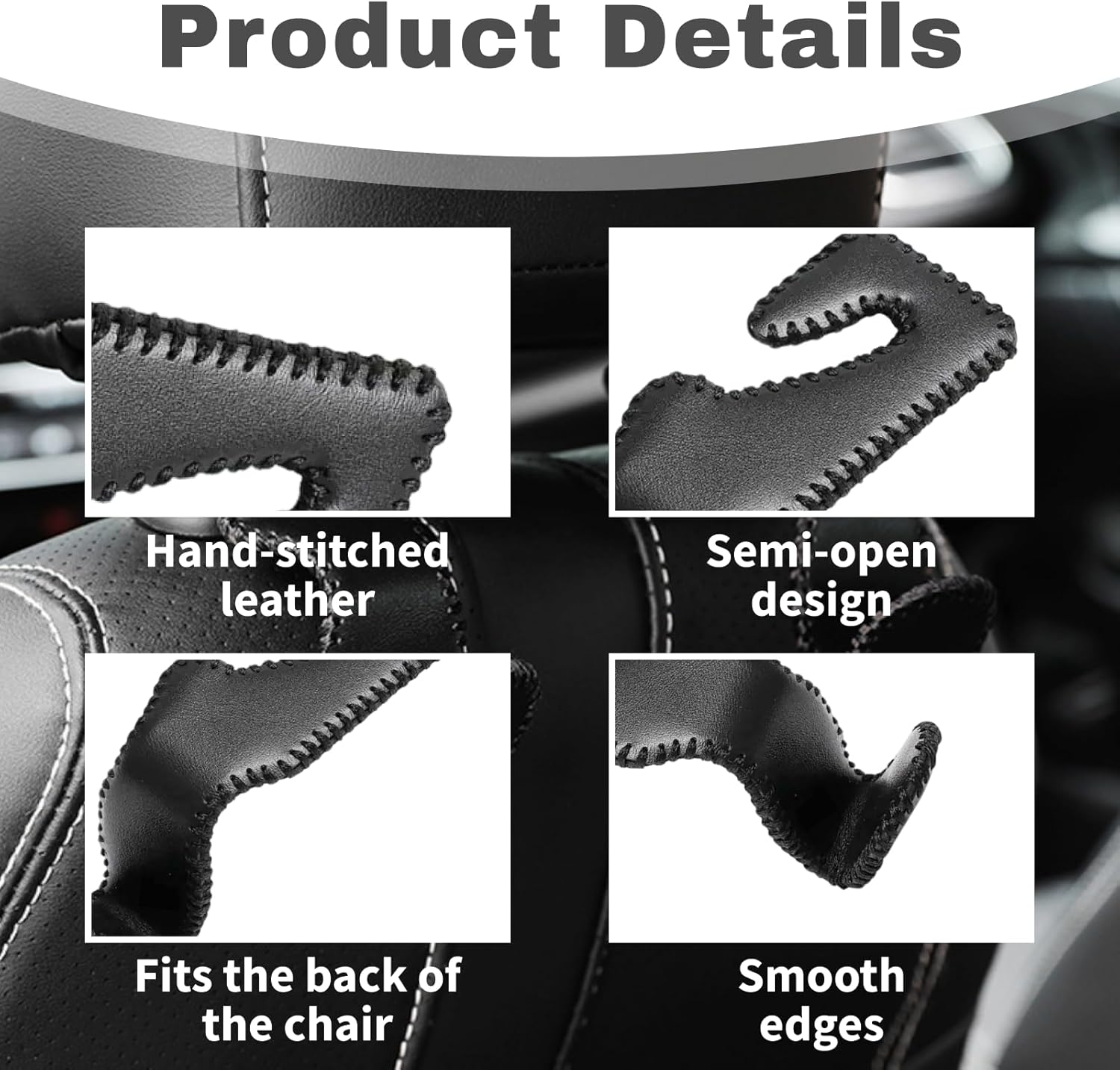 Universal Car Hooks for Back Seat Headrest, Microfiber Leather & Stainless Steel Hanger Holder for Bags, Purses, Cloth, Drinks, Groceries, Strong & Sturdy Design (Black, 2 Pack) image number 5