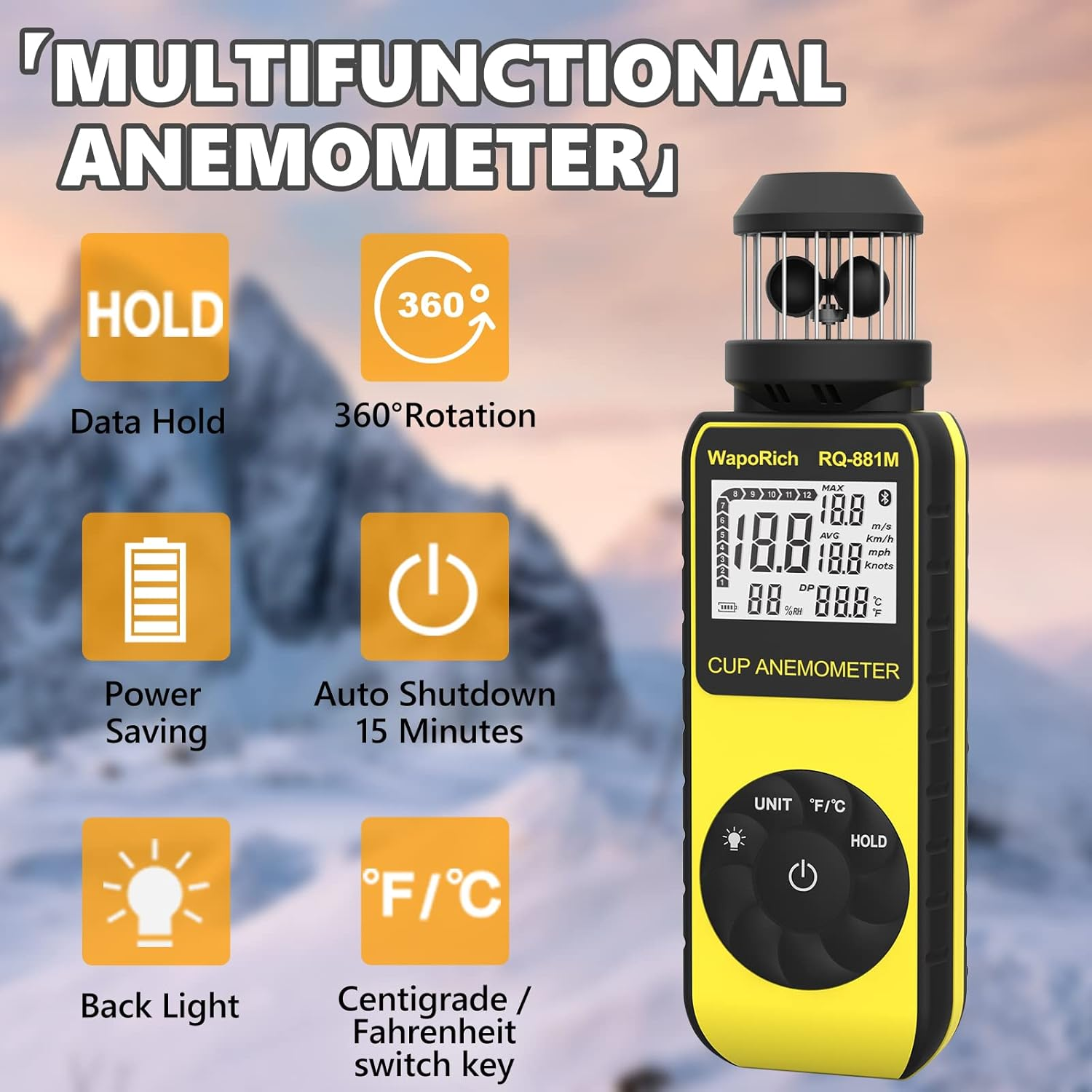 Pocket Anemometer RQ-881M Handheld Anemometer Update Wind Meter with 360&deg; Rotation Any Wind Direction for Measuring Wind Speed, Temperature with LCD Backlight for Shooting, Drone Flying-2022 Newest image number 2