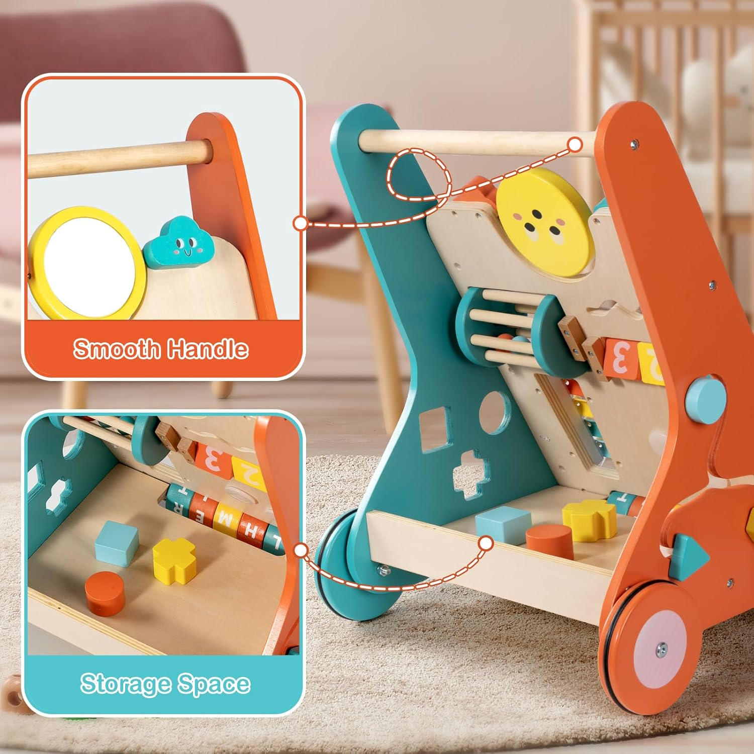 Baby Walker with Wheels, Wooden Push Walker Toys for Babies 6-12 Months, Baby Girl Walking Activity Toys for 1 Year Old