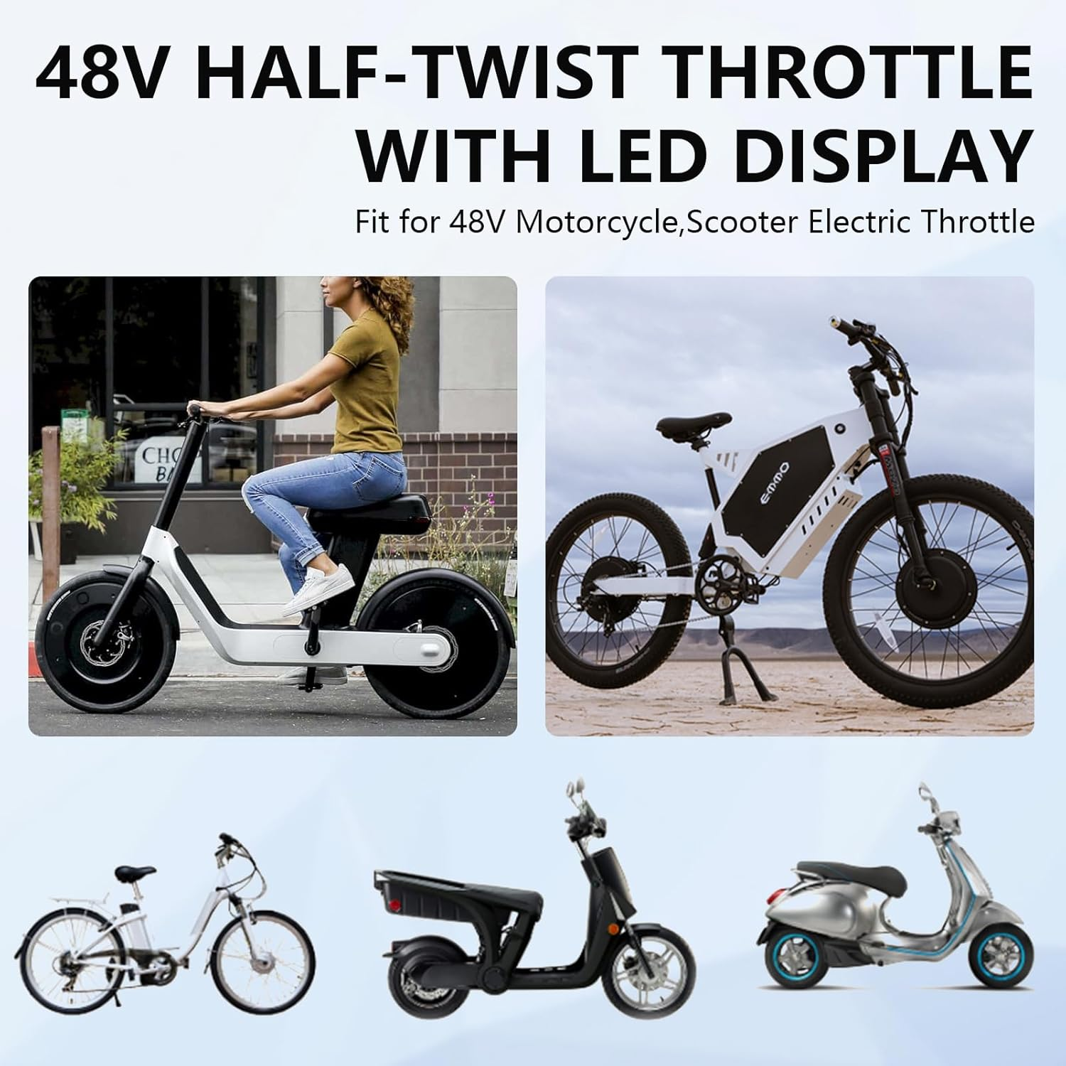 Electric Bike Throttle, 48V Half-Twist Throttle Grip Lock Key Set LED Display Ebike Throttle for Ebike Motorcycle Scooter