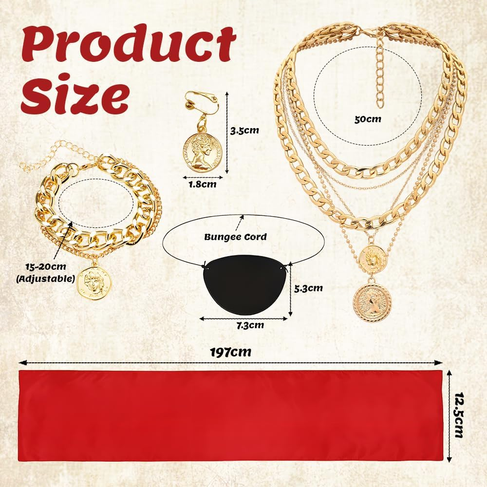 Fayrvind 6 Pcs Pirate Costume Women,Including Pirate Headscarf, Eye Patch,Necklaces, Bracelets, Earrings and Belts Costume Accessories for Halloween,Party image number 3