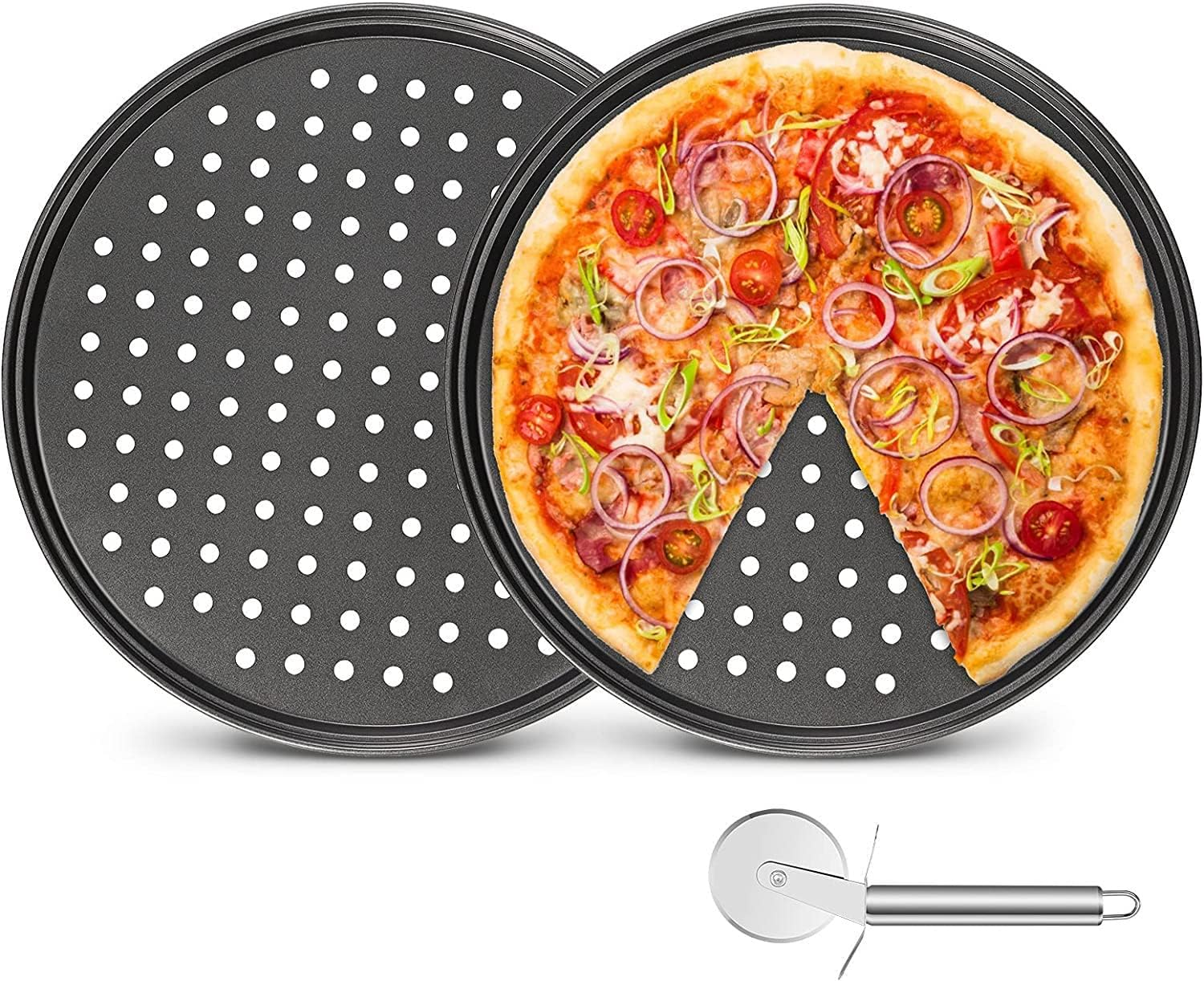 Pizza Pans with Holes 12 Inch Perfect Results Premium 2 Pack Non-Stick Bakeware Pizza Crisper Pan with Pizza Cutter for Home Kitchen