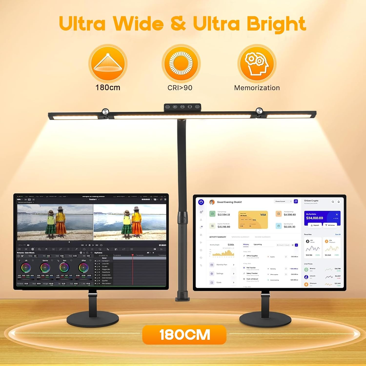 Anyuainiya LED Desk Lamp with Clamp, Architect Desk Lamp for Home Office with Atmosphere Lighting, 24W Ultra Bright Human Body Sensor Dimmable Computer Table Light Rotatable Office Lamp with Base image number 2