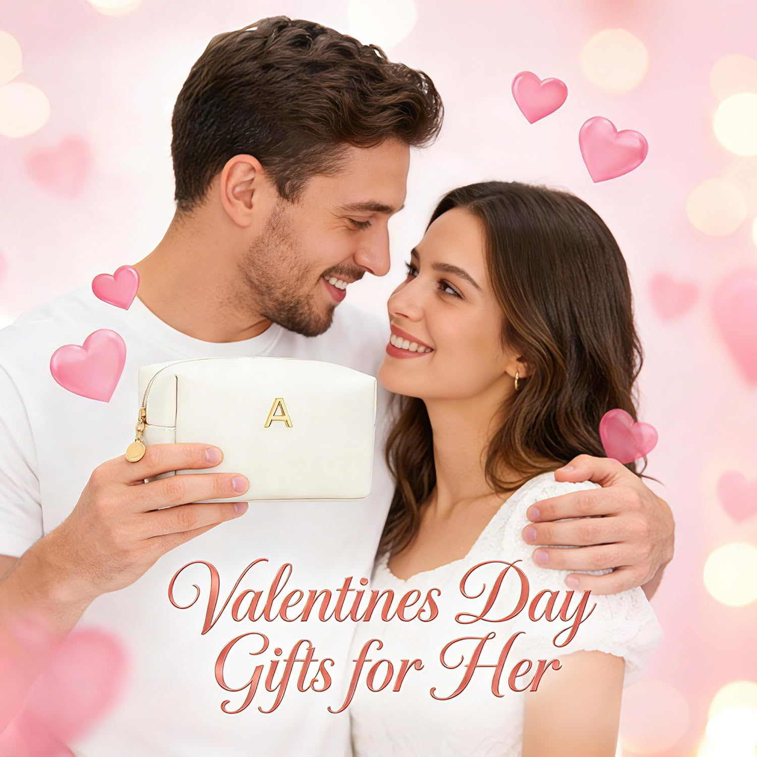 CLOUDWINGS Initial Makeup Bag Vegan Leather Cosmetic Bag, Beige image number 1