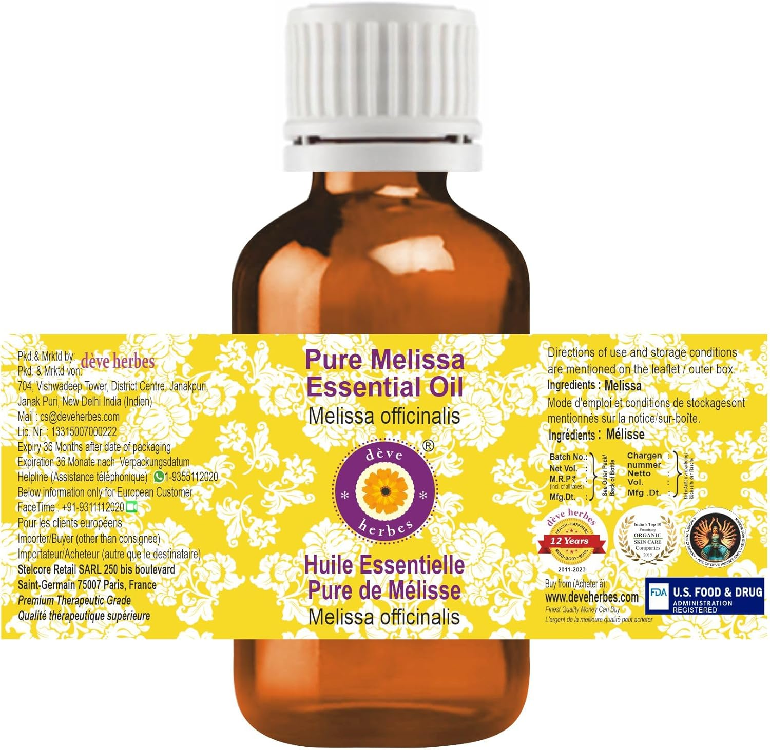 Deve Herbes Pure Melissa Essential Oil (Melissa Officinalis) 100% Natural Therapeutic Grade Steam Distilled for Personal Care 30Ml (1 Oz) image number 1