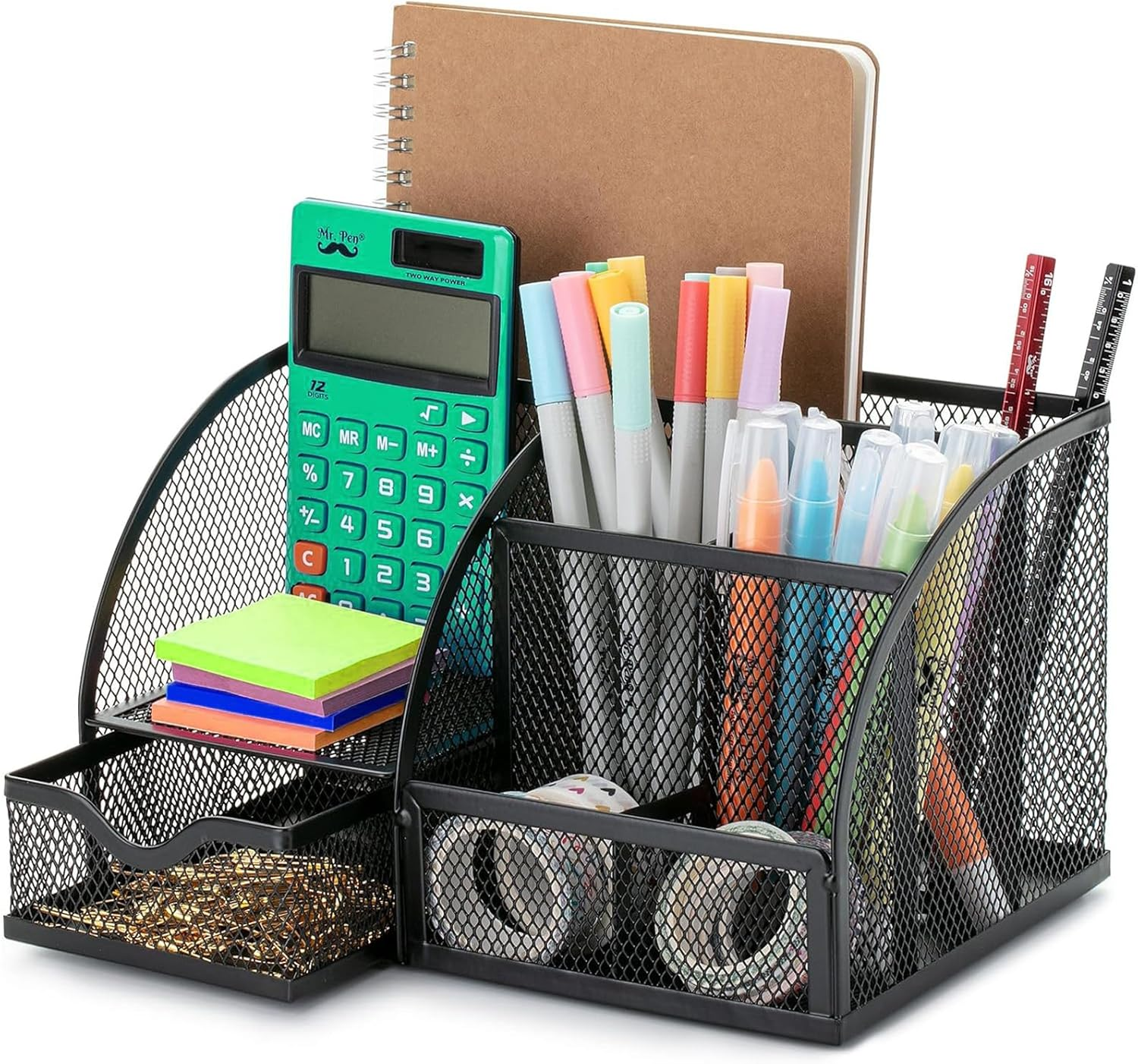 Mesh Desk Organiser with 6 Compartments and 1 Sliding Drawer, Multi-Functional Office Tidy Accessories, Metal Stationary Storage Pen Holder for Home, School, Pencil, Key, Scissors, Paper Clip (Black) image number 2
