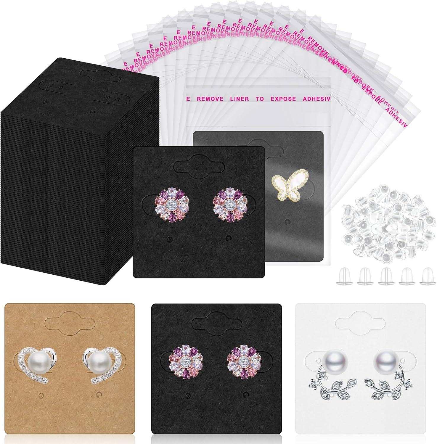 Tanstic 800Pcs Earring Cards with Earring Backs and Self-Sealing Bags Kit, Earring Display Cards Earring Holder for Selling Earring Jewelry Display(White/Black/Brown)-25 X 35Mm/1 X 1.37 Inch