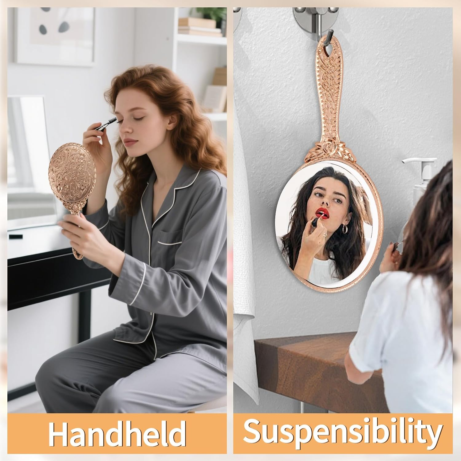 XPXKJ Handheld Mirror Handle Vanity Makeup Home Salon Travel Use (Carved Oval, Rose Gold) image number 7