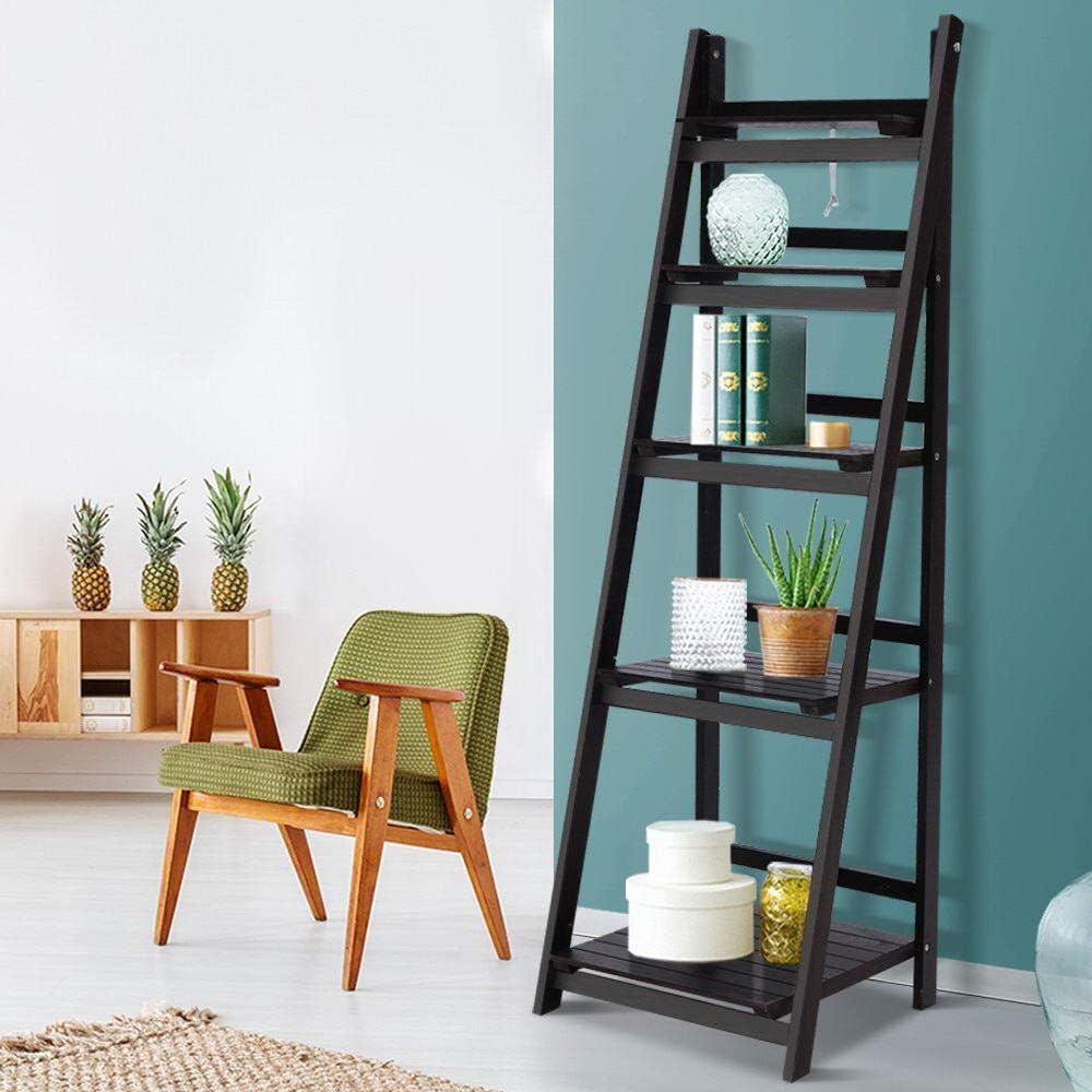 Artiss Bookshelf, 5 Tier Display Corner Wall Ladder Shelves Bookcase Bookshelves Storage Rack Plant Stand Home Living Room Bedroom Office Furniture, Wall-Mounted 140Cm Height Black image number 4