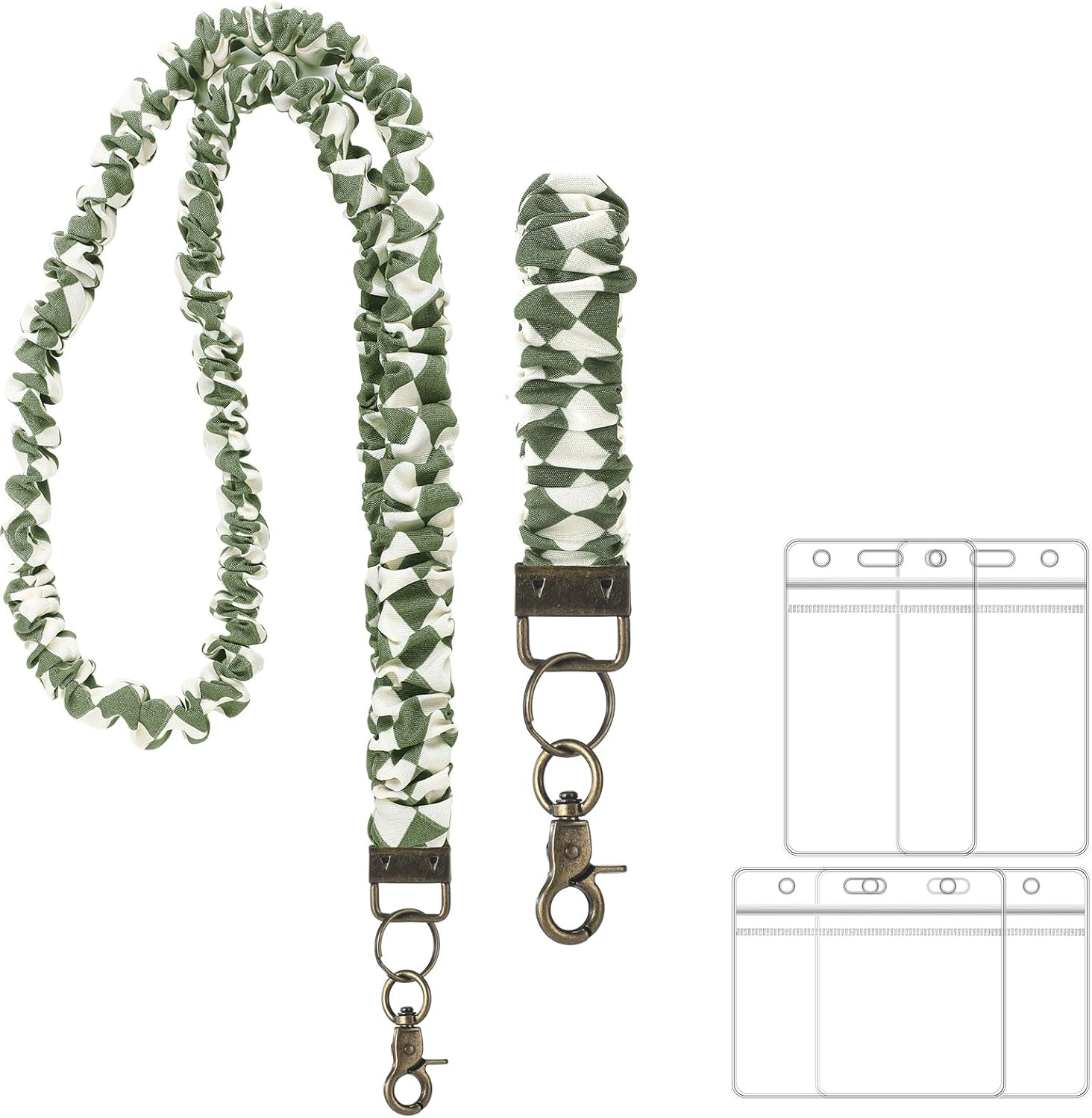 Marspark 2 Set Scrunchie Lanyards with 4 Card Holders for ID Badges and Keys Cute Stretchy Scrunchie Neck and Wrist Lanyards for Teacher Women Nurses School Office Supplies(White Green, Checked) image number 3