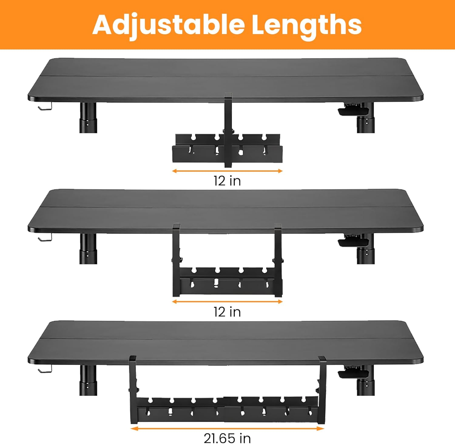 HOMLEY Cable Management Tray, under Desk Cable Organiser, Extendable Desk Organiser, No Drill or Glue, Metal Desk Accessories for Office and Home, Extra Cable Clip and Cable Ties (Black) image number 2