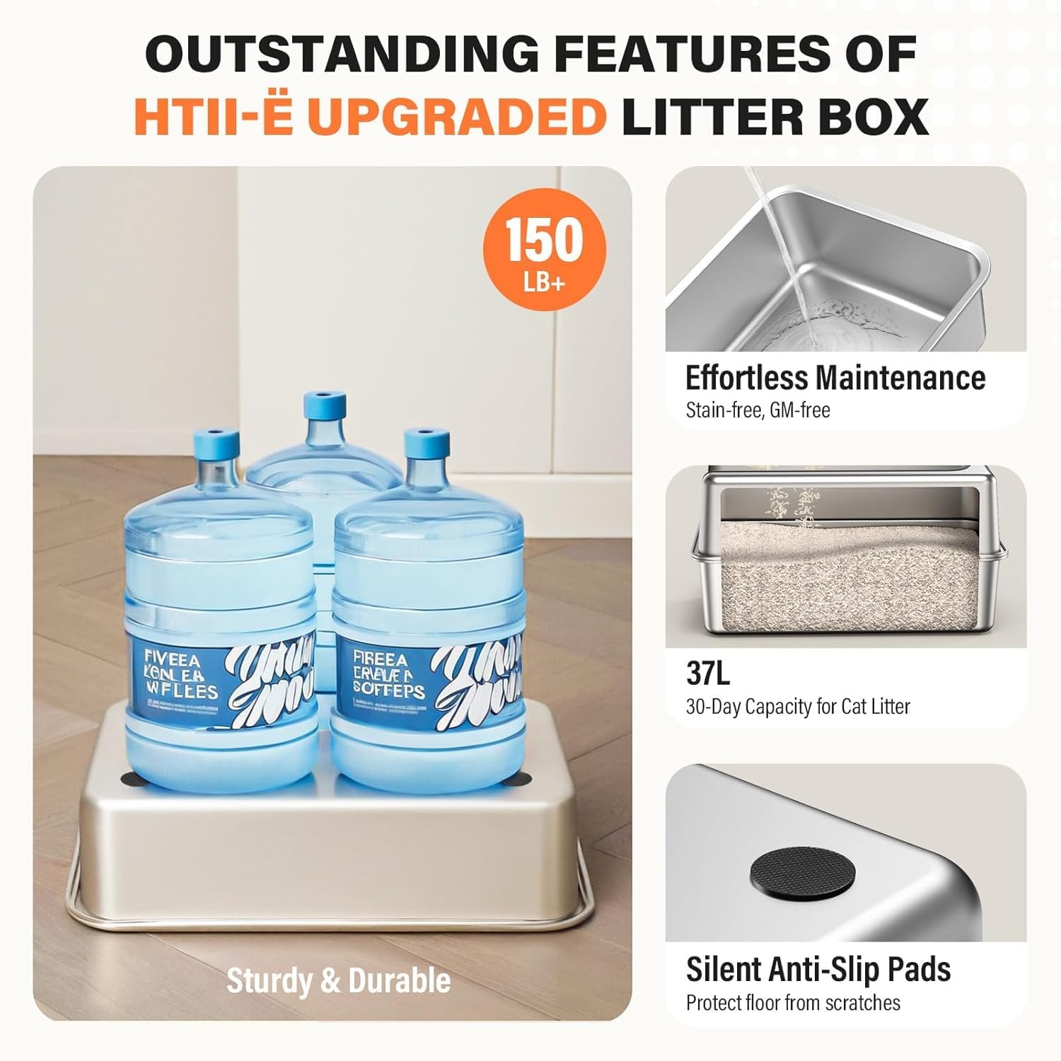 Stainless Steel Litter Box with Lid, Extra Large Cat Litter Box, 60 X 30 X 40 CM Stainless Steel Cat Litter Box, Stainless Steel Cat Litter Tray Easy Cleaning Include Litter Mat with Scoop image number 4