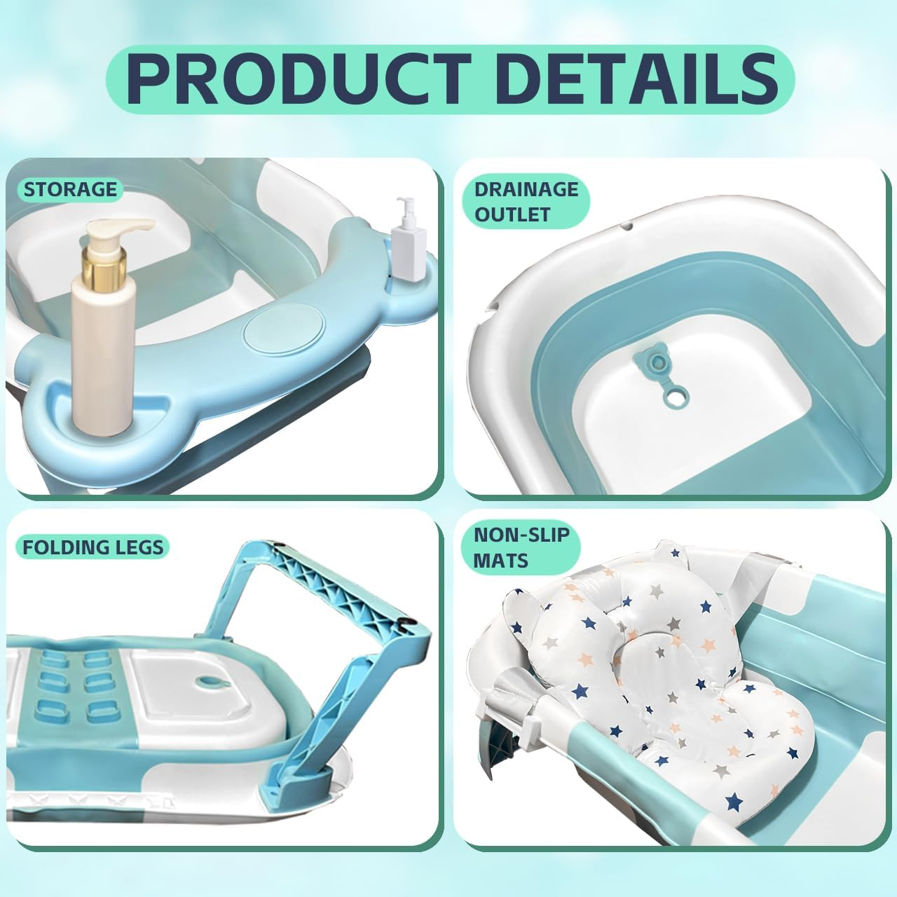 Collapsible Baby Bathtub with Cushion, Foldable Infant Bath Tub with Drain Plug & Storage, Portable Bathing Tub for 0&ndash;24 Months image number 2