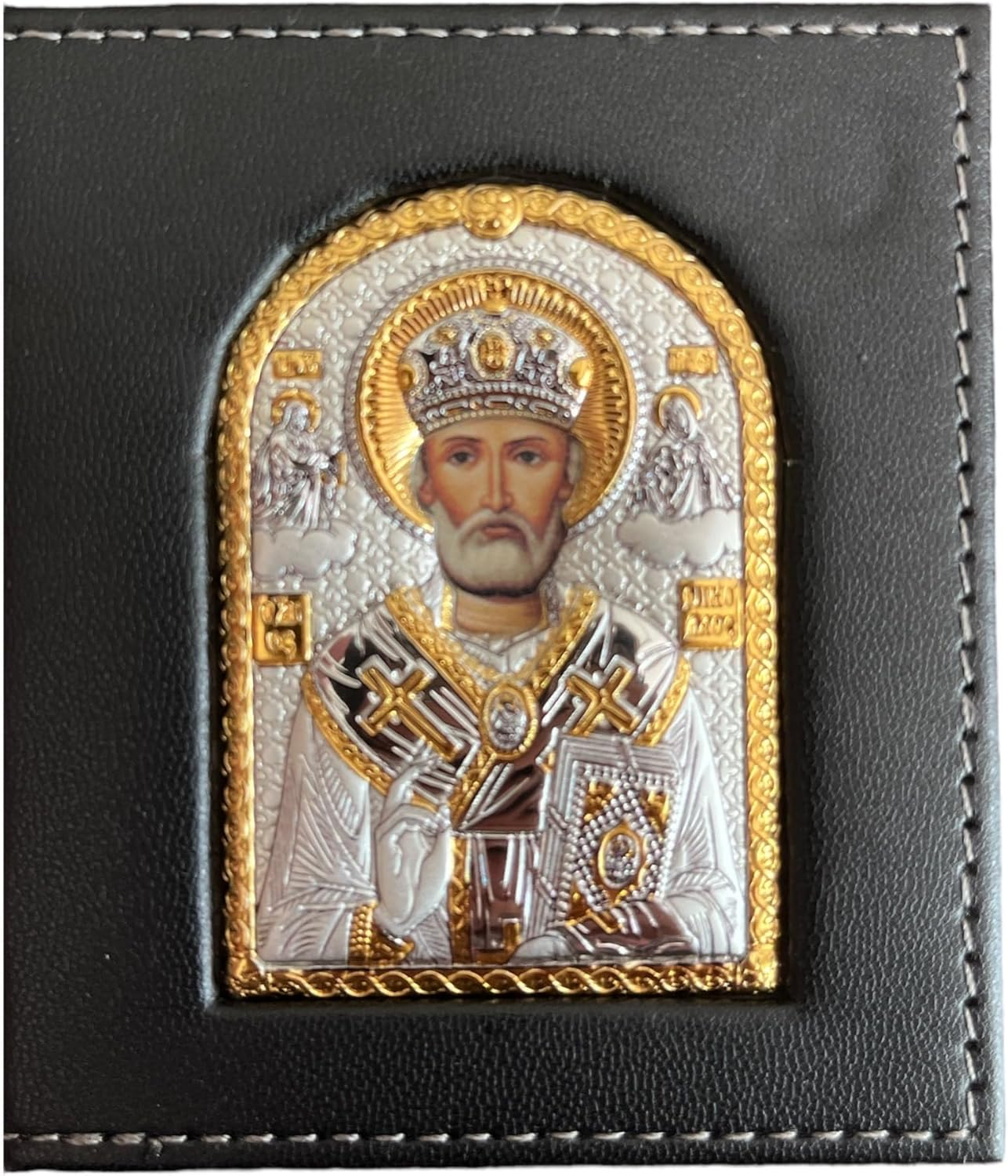 (K-03-01) Jesus Christ - Saint Nicholas/Byzantine Silver Orthodox Pocket Icon/Greek/Handmade (Black, 3X3) image number 1