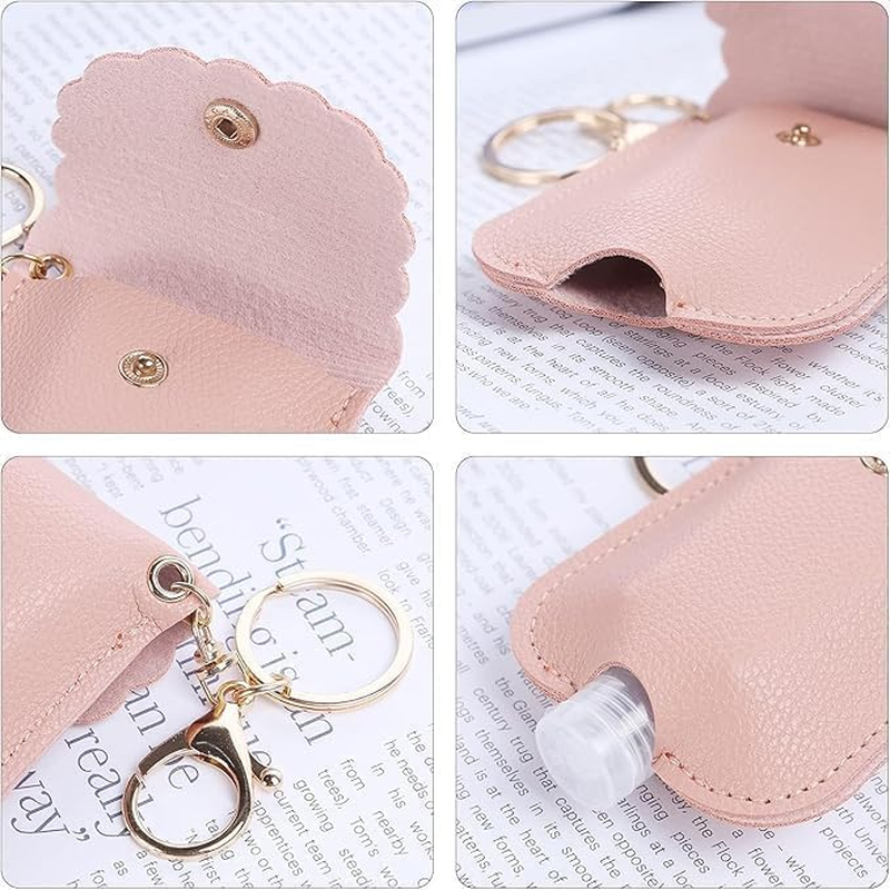 Leather Hand Sanitiser Holder Keychain, 4-Pack Portable Leather Sanitizer Holder Pump Bottle Holders,Hand Sanitizer Keychain,Pp Material Travel Bottle Cover Keyring for Travel