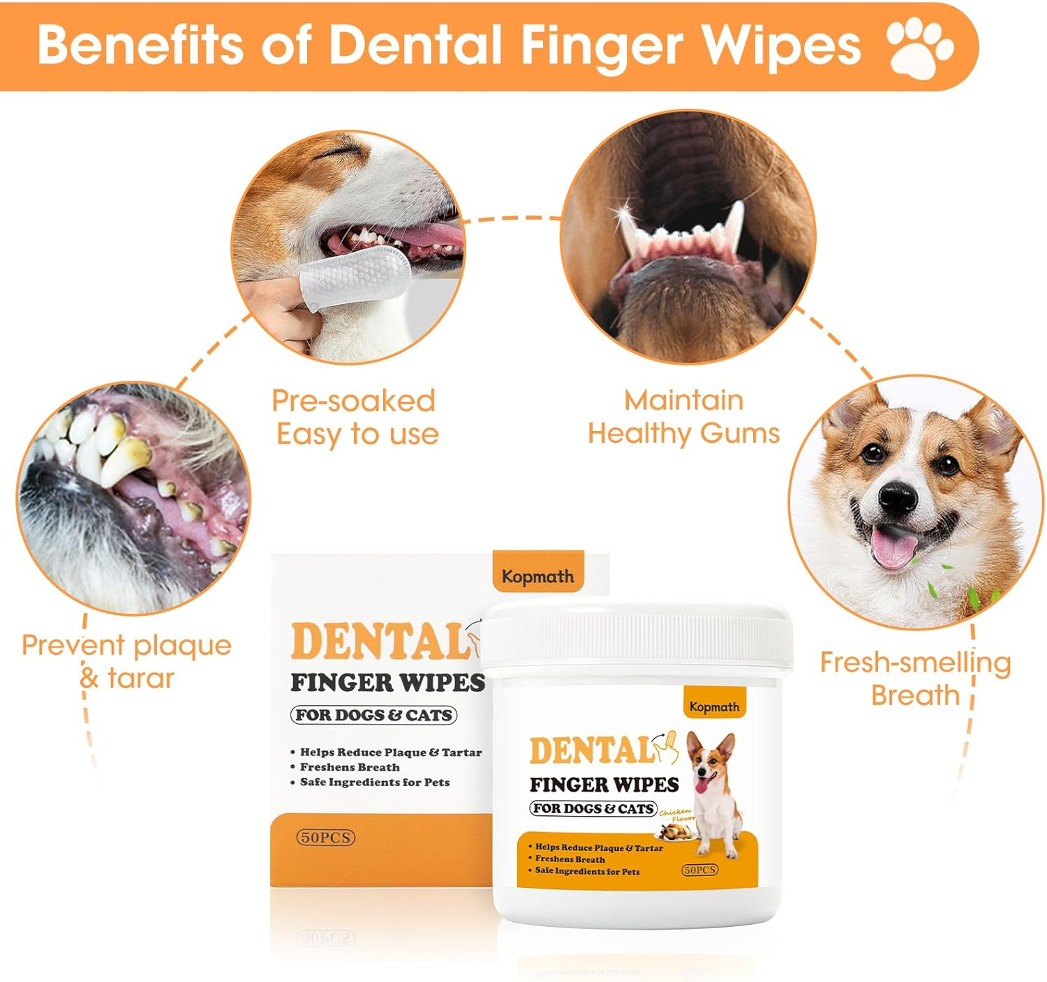 Teeth Cleaning Finger Wipes, Dog Dental Wipes, Reduce Plaque & Tartar, Freshen Breath, Safe & Natural Pet Dental Wipes for Dogs Teeth, Portable Dog Tooth Wipes for Cats,50 Ct, Chicken Scent image number 1