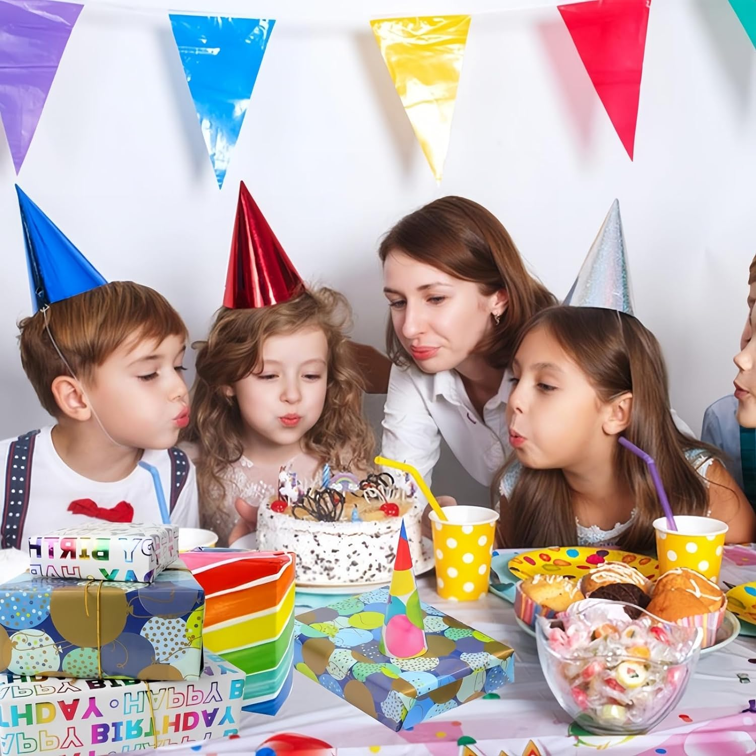 Oundarm 3 Mini Roll 43X300Cm Birthday Gift Wrapping Paper Set, 17" X 10 Ft Wrapping Paper Roll with 10 Pcs Pull Bows ＆ Elastic Rope, Gift DIY Wrapping Paper for Kids Birthday image number 5