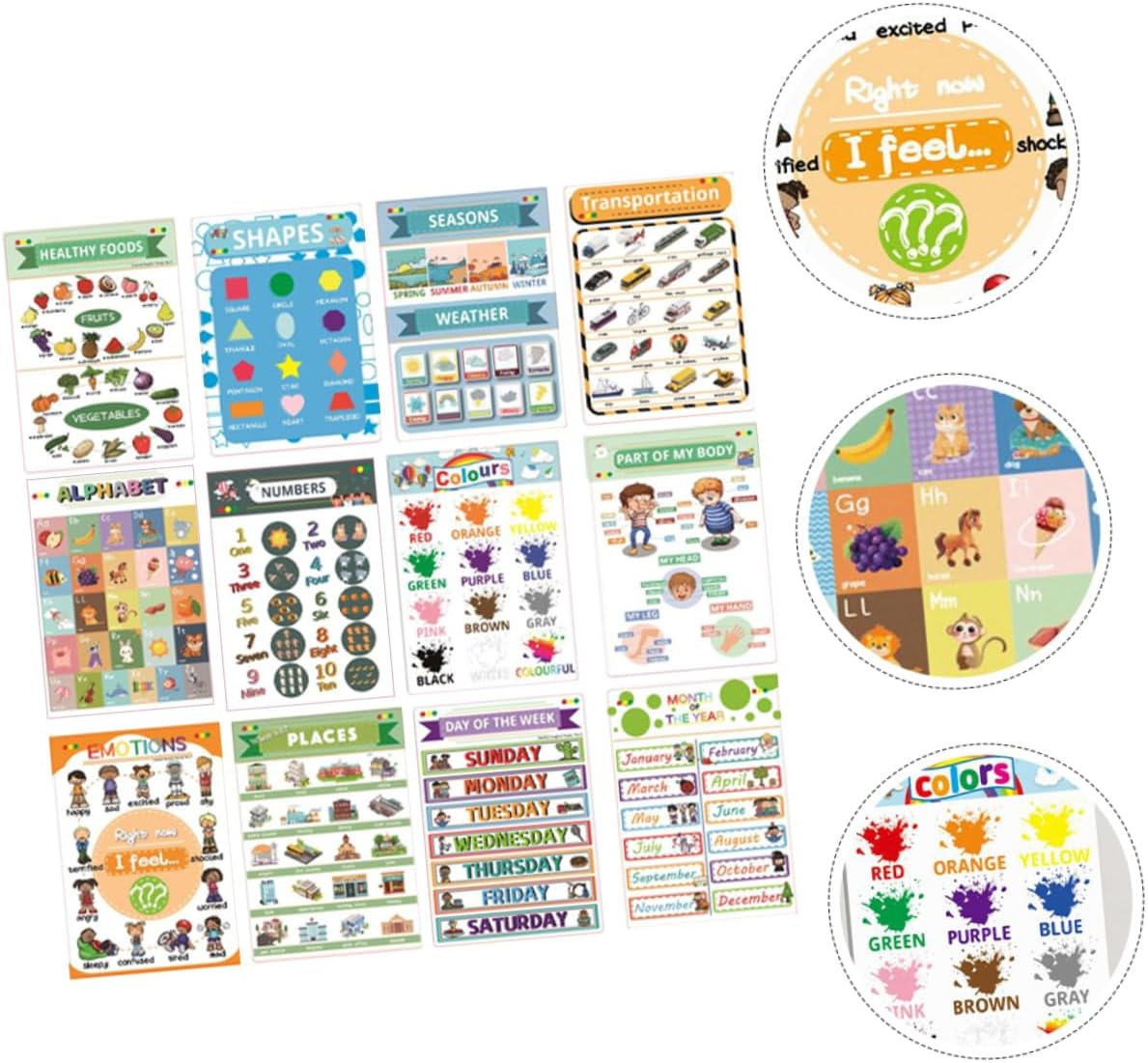 FUNOMOCYA 12Sheets Educational Preschool Posters Wear-Resistant English Learning Wall Charts for Boy Girl Teaching Tools for Homeschooling Kindergarten and Nursery Activities image number 4