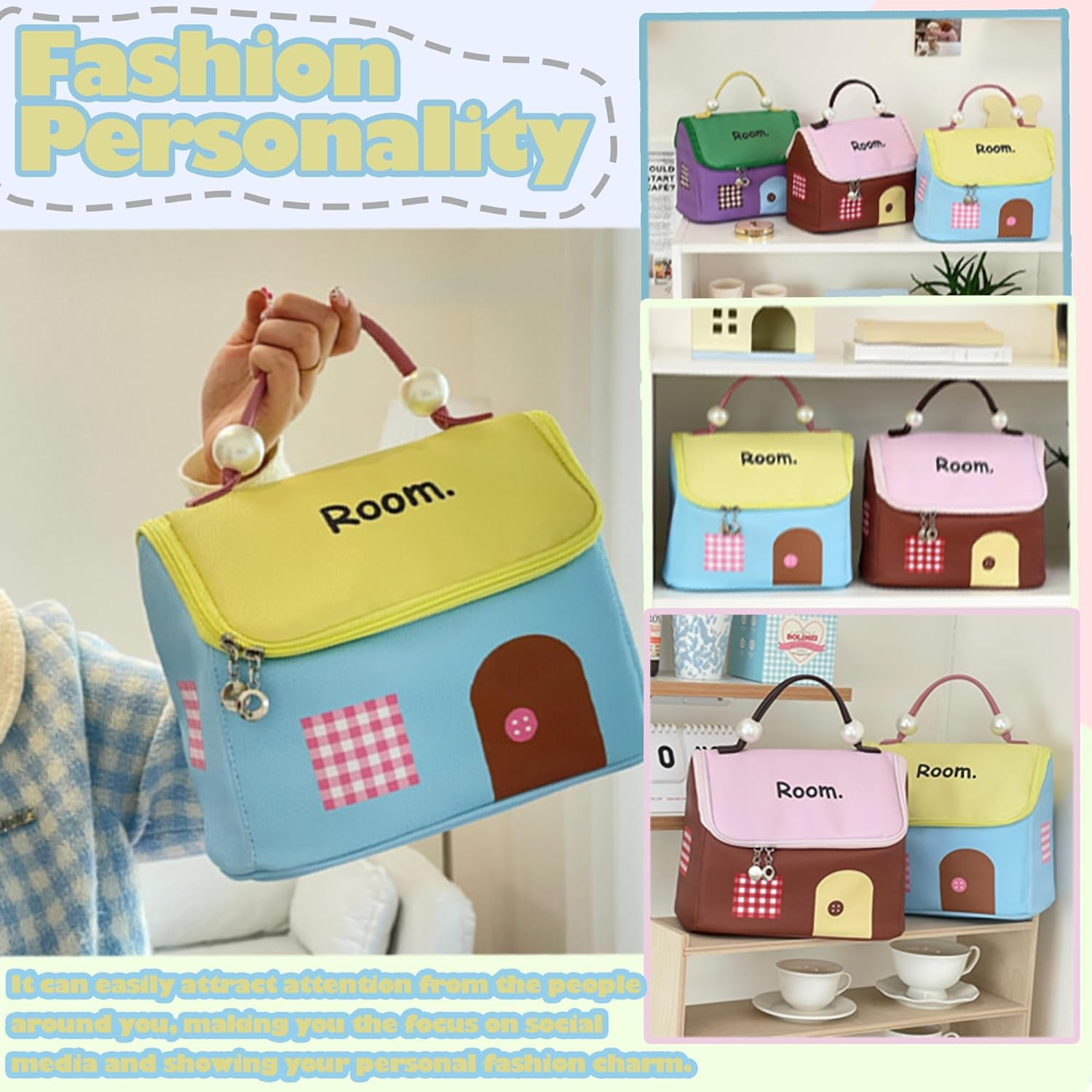 House-Shaped Dopamine Style Cosmetic Bag for Women: Travel Make-Up Bag, Large, Portable Make-Up Bag with Zip, Waterproof Toiletry Bag, Cosmetic Bag, Handbag, Nail Polish and Lipstick Organiser, Sky image number 6