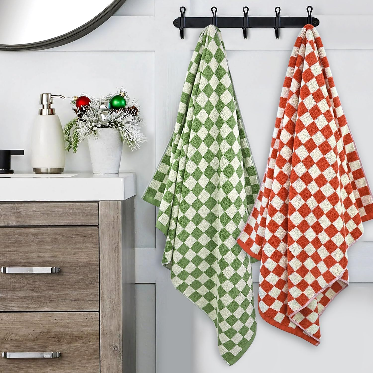 Jacquotha Checkered Bath Towels for Bathroom, 2 Pack Shower 55'' X 27.5'', Super Absorbent and Quick Dry (Orange + Green) image number 3