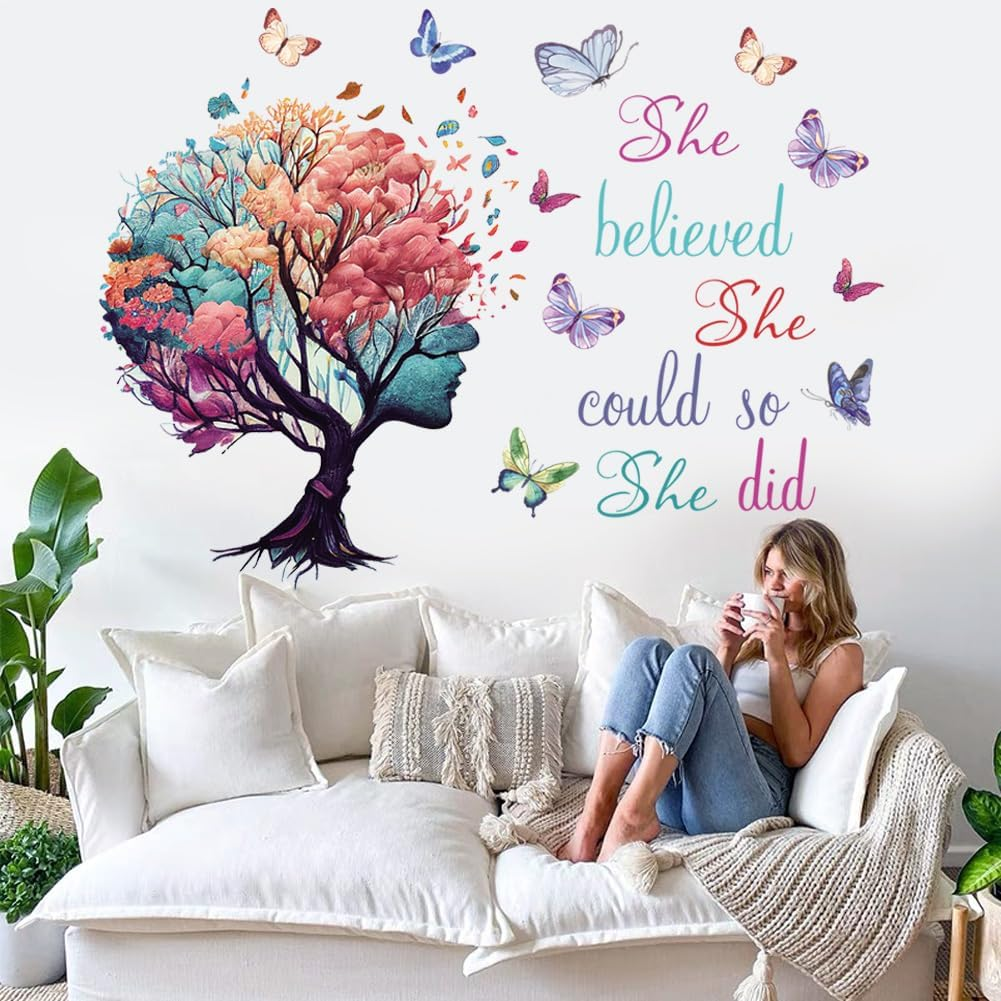 Inspirational Quotes Wall Art - 'She Believed She Could so She Did' Tree & Butterfly Decal Stickers for Women & Girls Bedroom & Living Room Decor image number 5