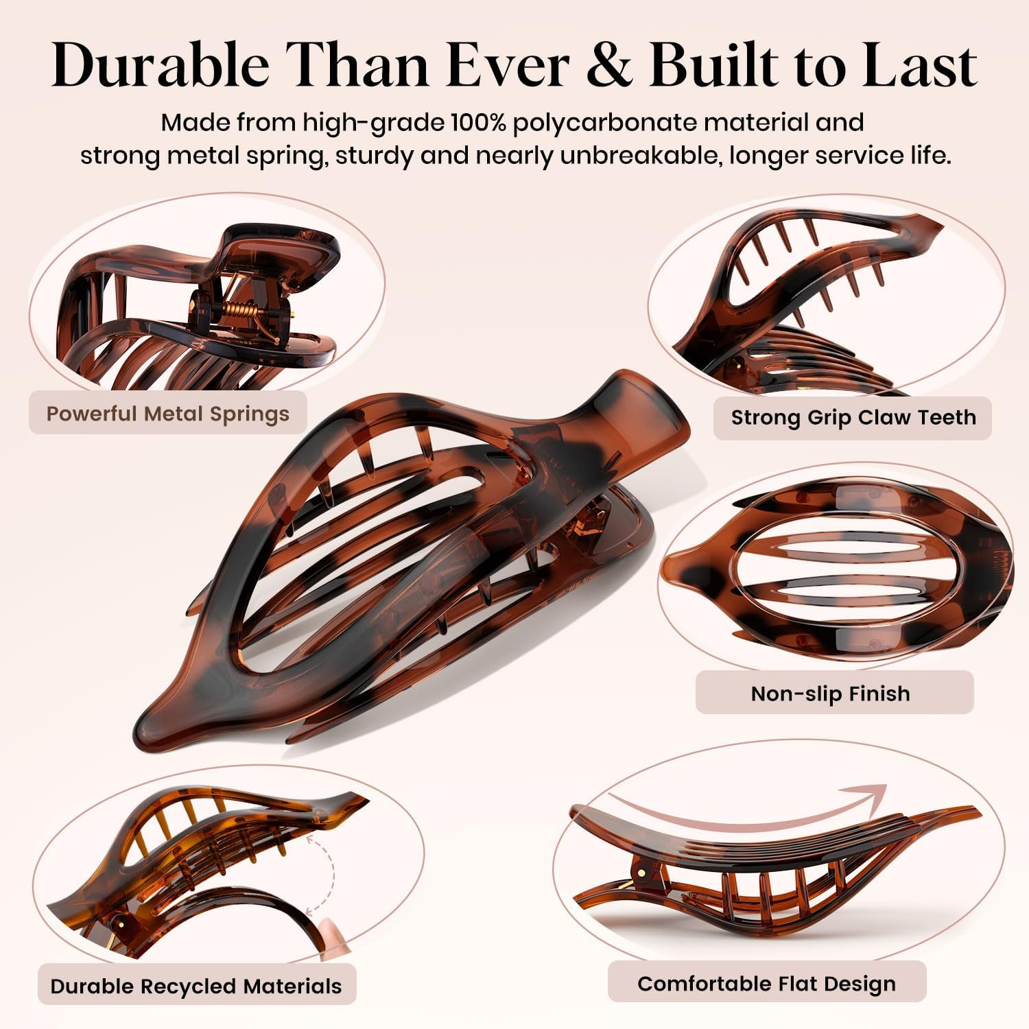 Oeusnael 4 PCS Large Flat Hair Clips for Women Girls, French Concord Lay down Hair Claw Clips for Thick Thin Hair, Matte Non-Slip Strong Hold Hair Accessories (Tortoise) image number 1