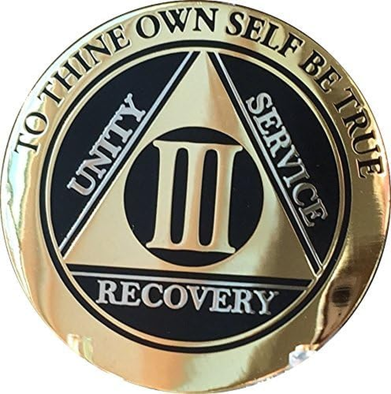 3 Year AA Medallion Glossy Elegant Black Gold Silver Bi-Plate Sobriety Chip