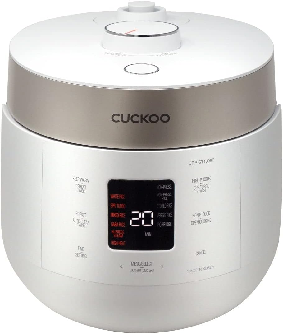 CUCKOO 10-Cup Twin Pressure Rice Cooker, High/Non-Pressure Steam, Programmable Menu, Slow Cooker, Preminum Non-Stick Inner Pot, Open Cooking (CRP-ST1009F) White
