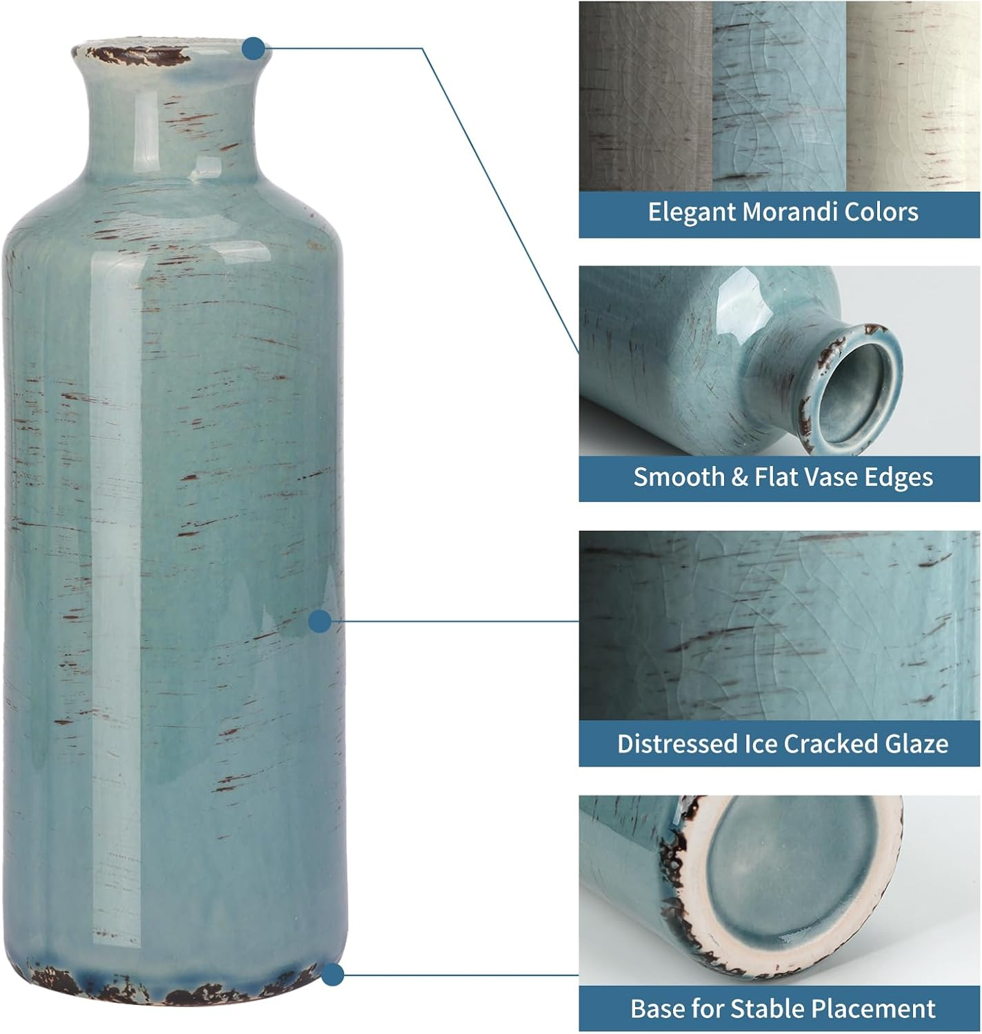 CUCUMI Ceramic Vase Set of 3, Rustic Coastal Farmhouse Decor for Shelves, Ocean Beach Style Small Flower Vases for Home Decor, Mantle, Fireplace, Table, Shelf Decorations for Living Room image number 6