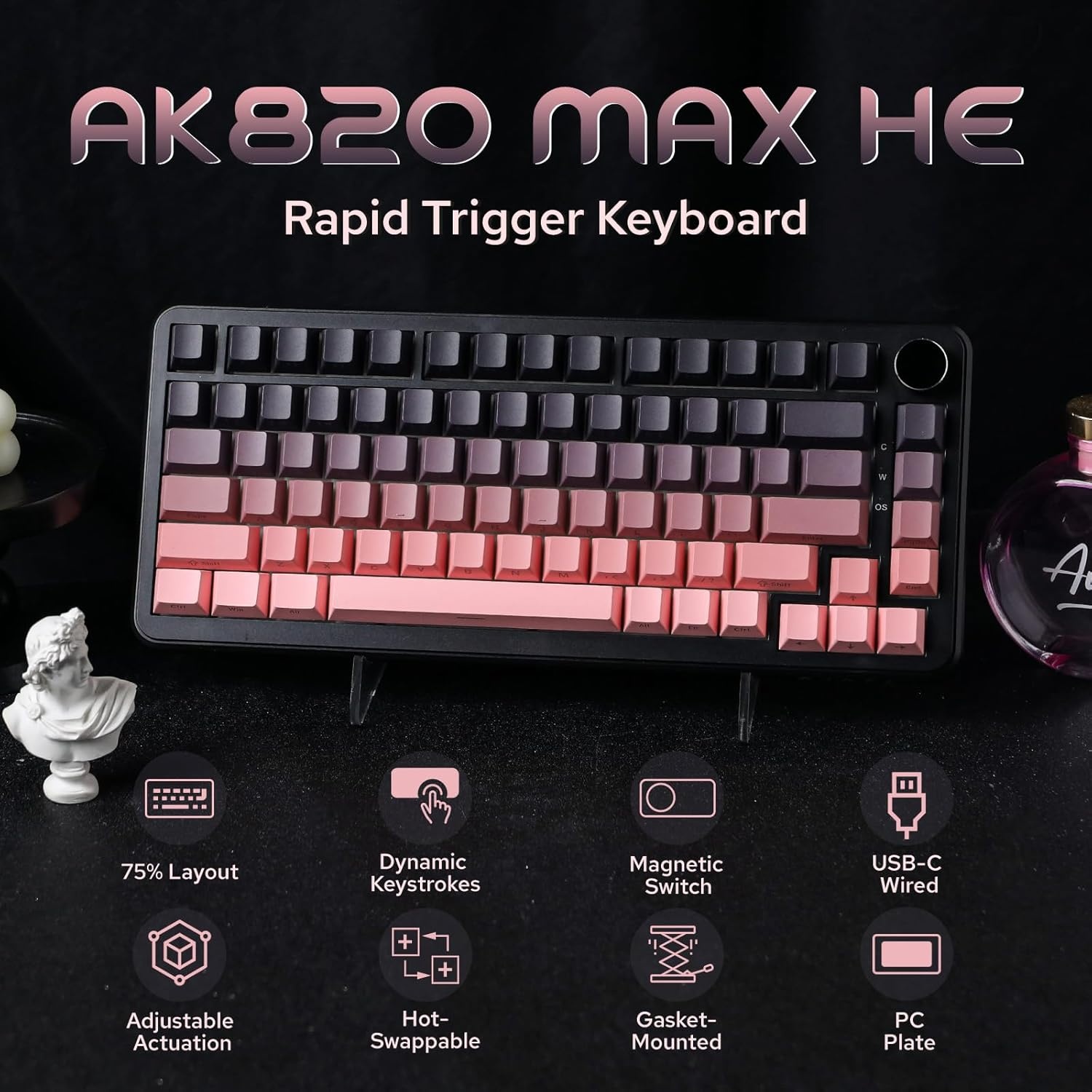 AJAZZ AK820 MAX HE Hall Effect Magnetic Gaming Keyboard, Adjustable Actuation, 8Khz Polling Rate, Wired Rapid Fast Keyboard, Creamy Gasket, RGB Backlight, NKRO for Win/Mac (Black Pink) image number 5