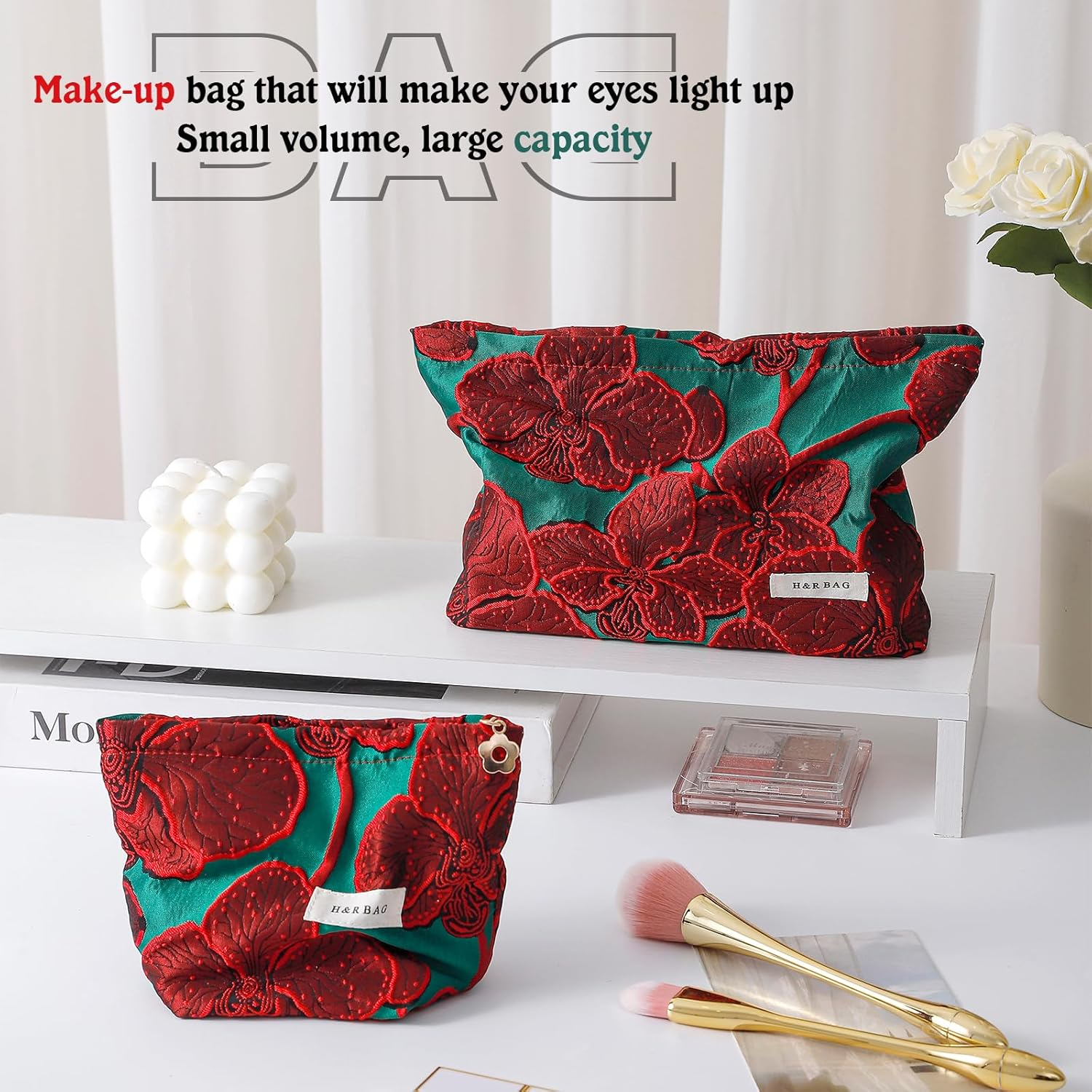 [2-Pack] Vintage Chinese Red Jacquard Makeup Bags Set - Large & Small Travel Cosmetic Organizer Pouches for Women (17Cm & 26Cm) image number 5
