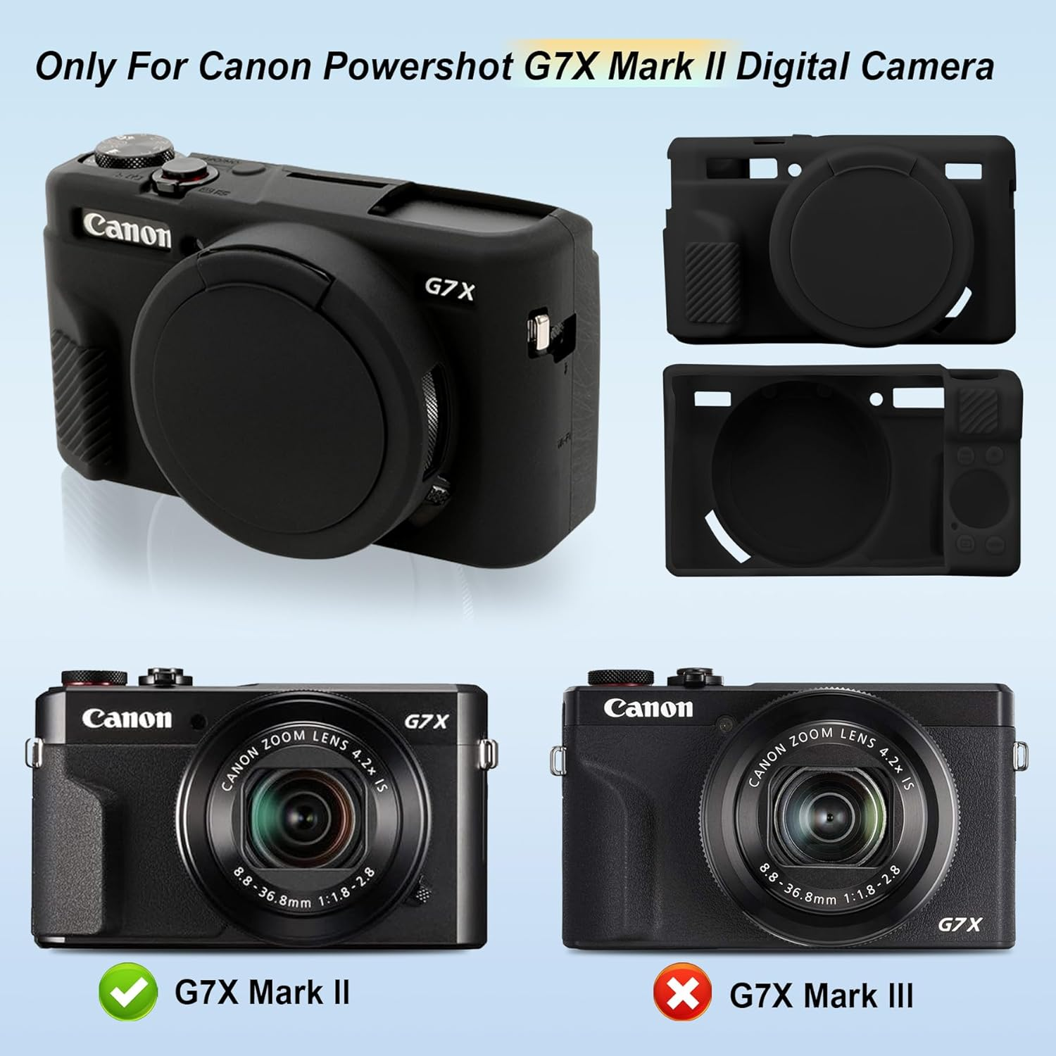 Canboc Protective Case for Canon Powershot G7X Mark II Digital Camera, G7 X Mark II Soft Silicone Cover with Removable Lens Cover, Black (Case Only)