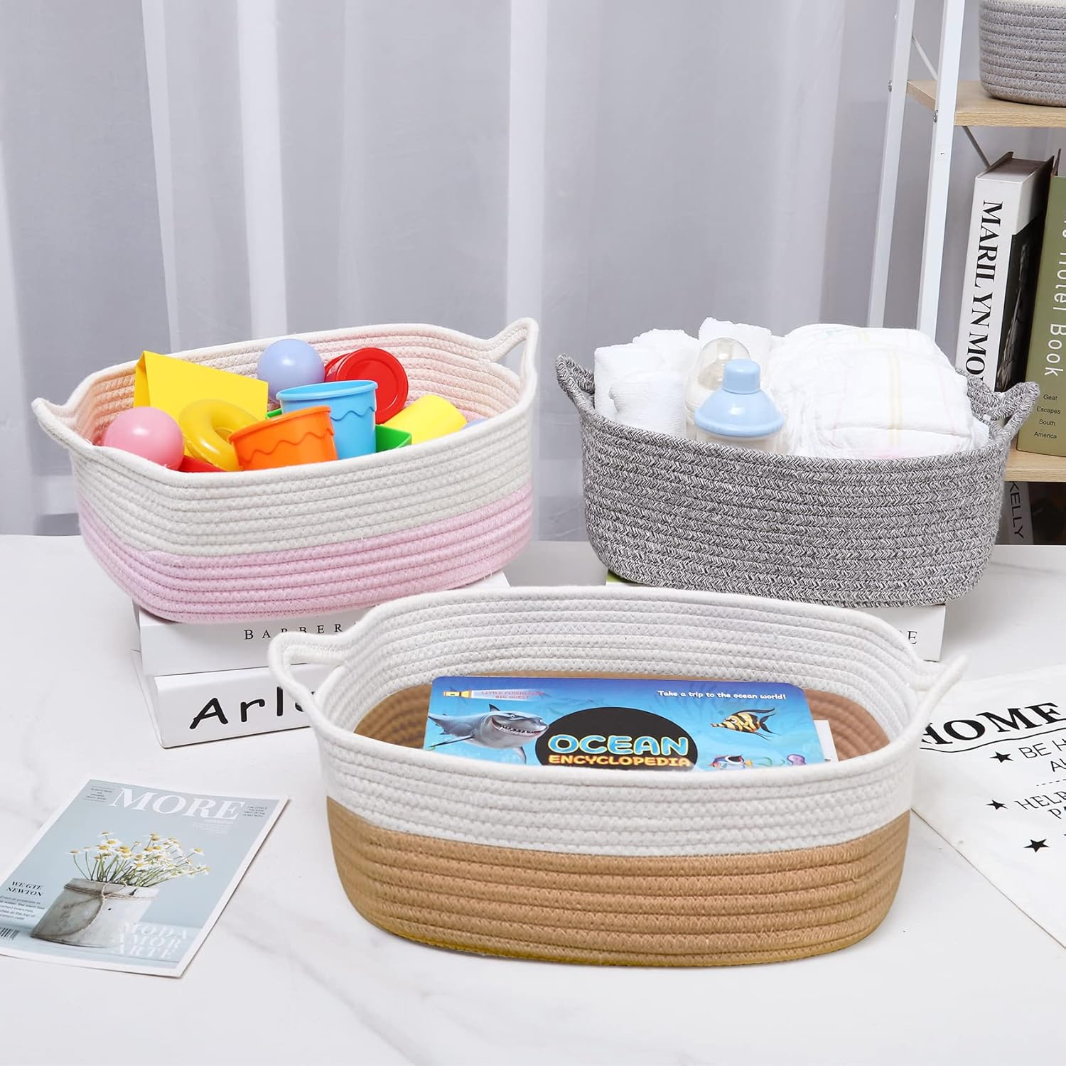 Abenkle Small Storage Basket with Handles, Cotton Rope Woven Dog Cat Toy Bin, Decorative Shelves Closet Organizing for Nursery Laundry Bedroom Bathroom, 14.2''X 11''X 5.1'' - All Pink image number 2