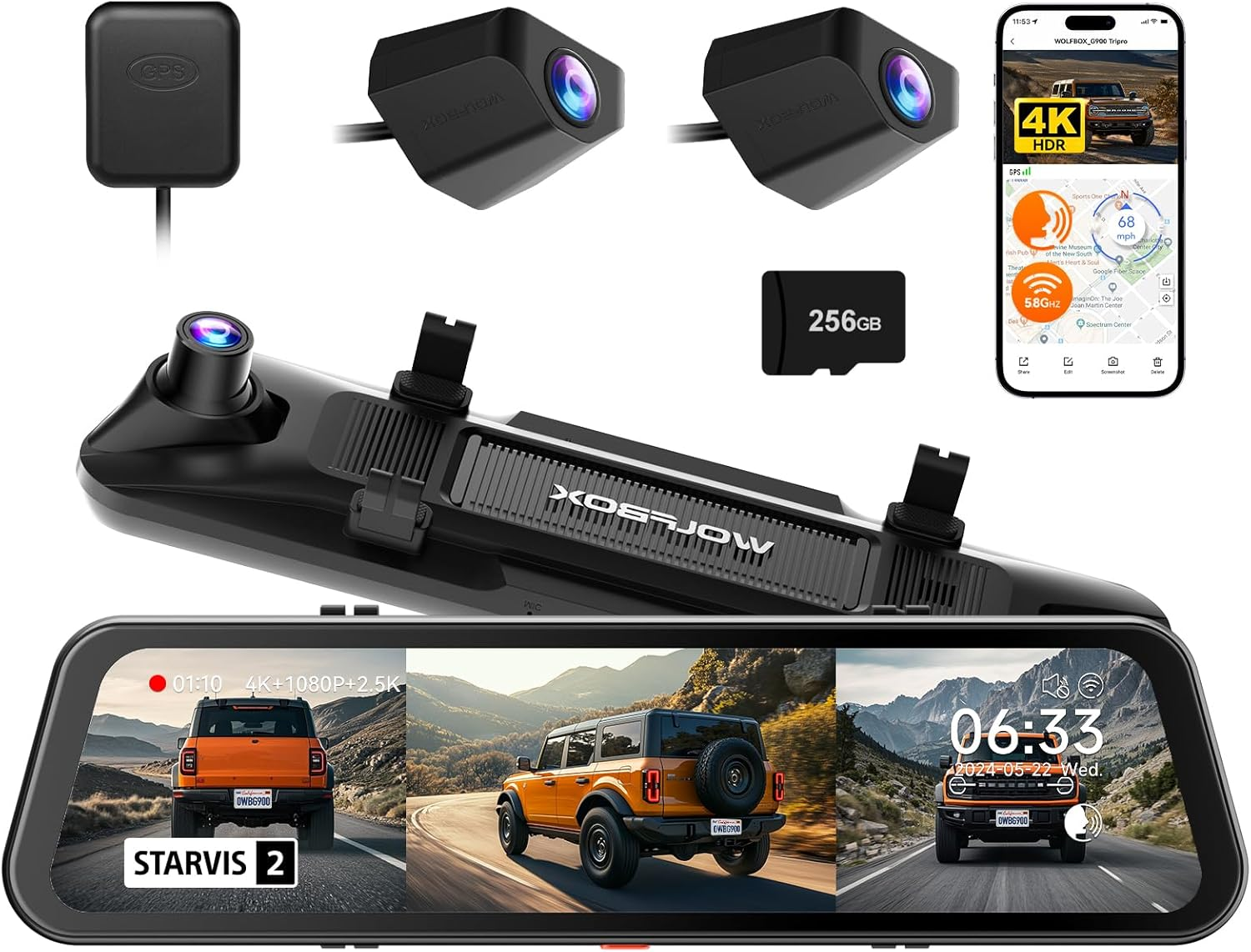 WOLFBOX G900 Tripro Bumper Version 3 Channel 4K Mirror Dash Cam, STARVIS 2 IMX678 Night Vision, 4K+2.5K+1080P Front and Rear Bumper Dash Cam, 5.8Ghz Wifi, Voice Control, Includes 256GB Card & GPS image number 6