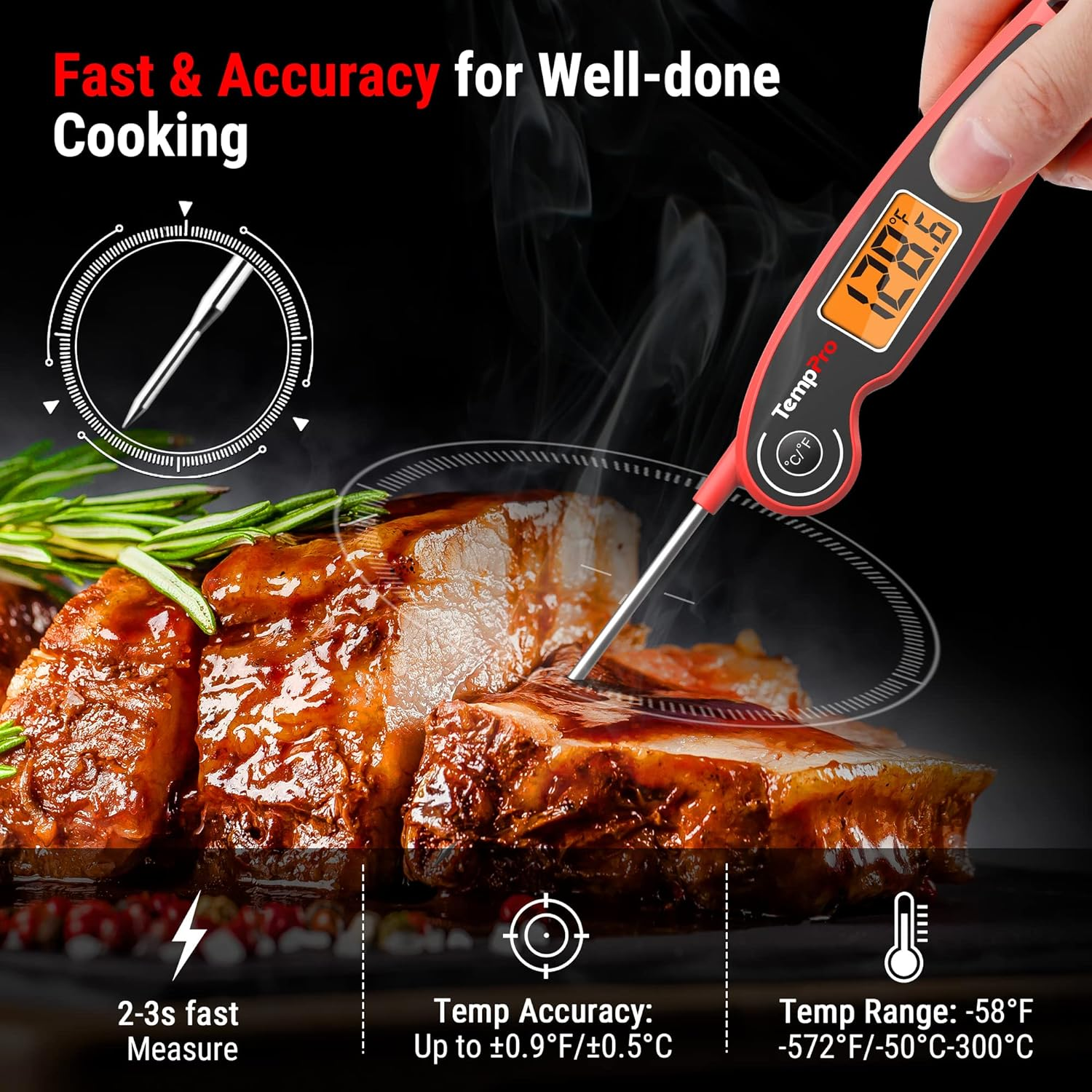Temppro F05 Digital Meat Thermometer for Cooking with Motion Sensing, Waterproof Food Thermometer for Kitchen BBQ Oil Grill Smoker Candy Thermometer Black/Red image number 6