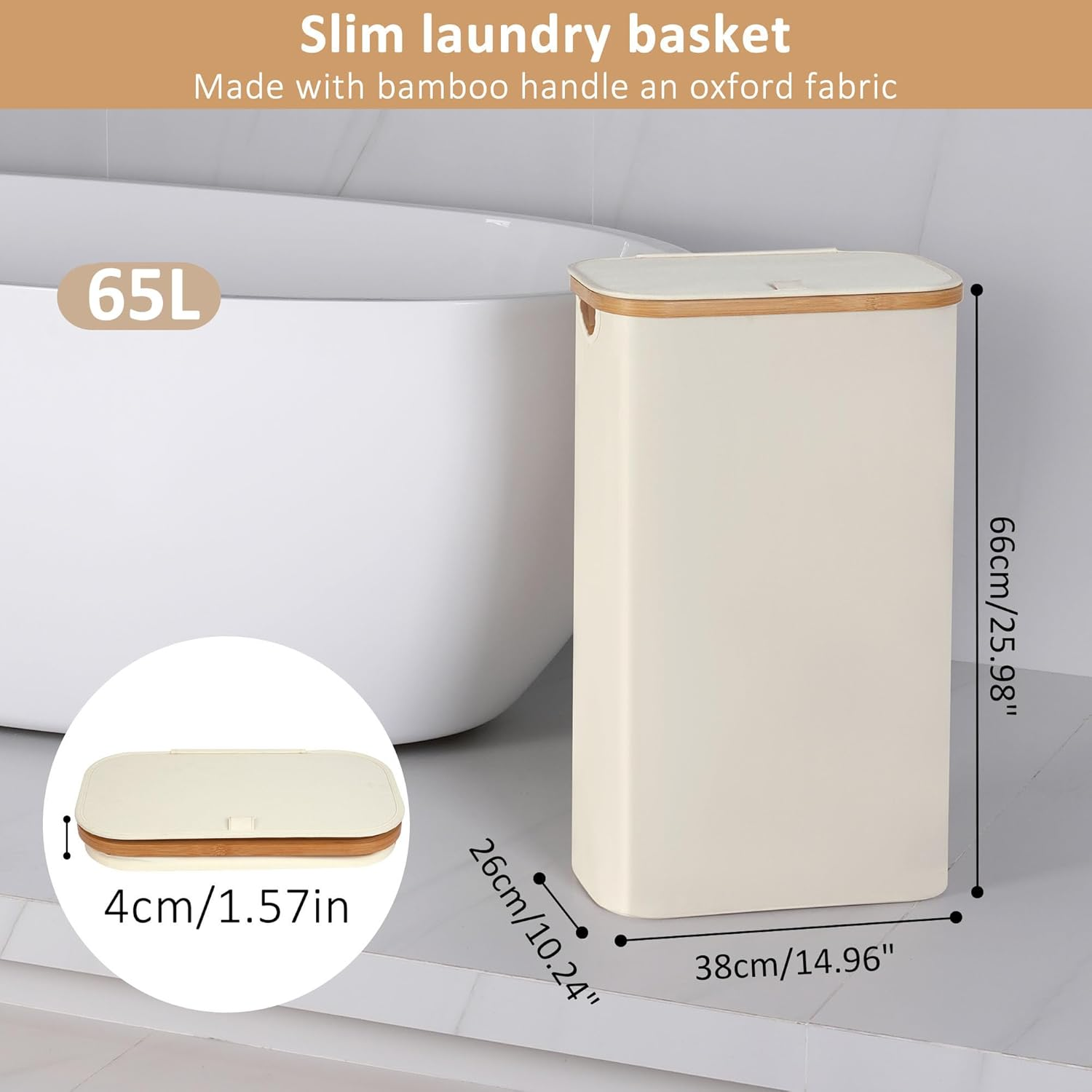 60L Slim Laundry Basket with Lid,Hampers for Laundry,Narrow Laundry Hamper with Removable Inner Bag & Bamboo Handles,Tall Thin Clothes Hamper for Clothes Toys Towels Organization（Beige ） image number 4